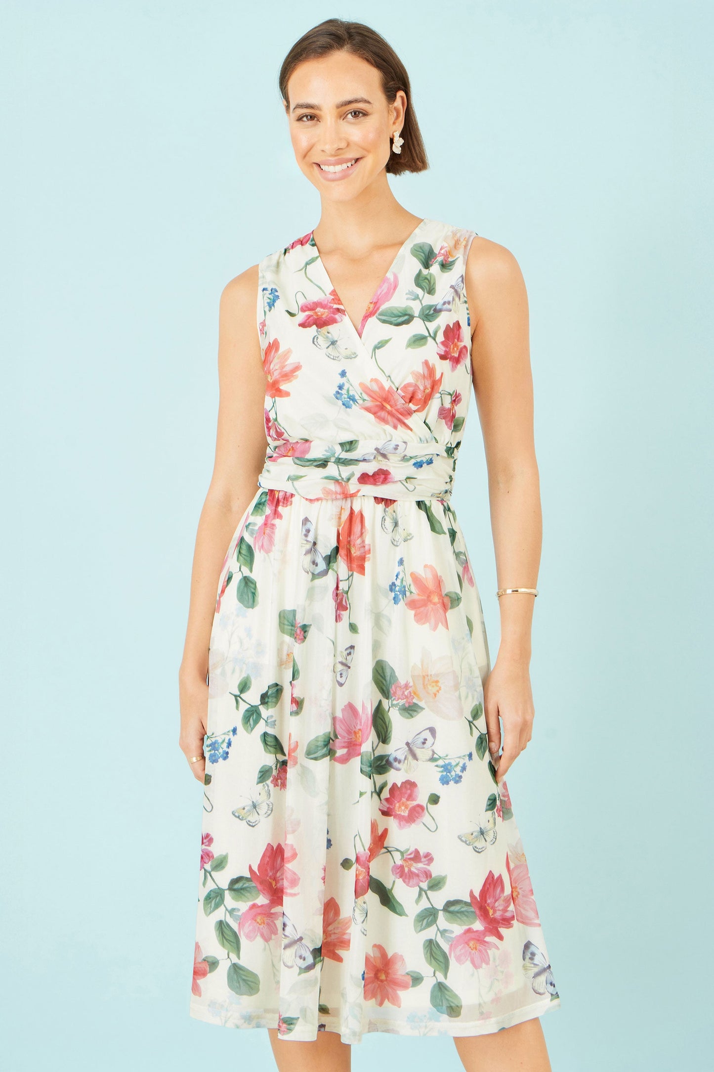Ivory Blurred Floral Print Mesh Stretch Midi Dress With Pockets