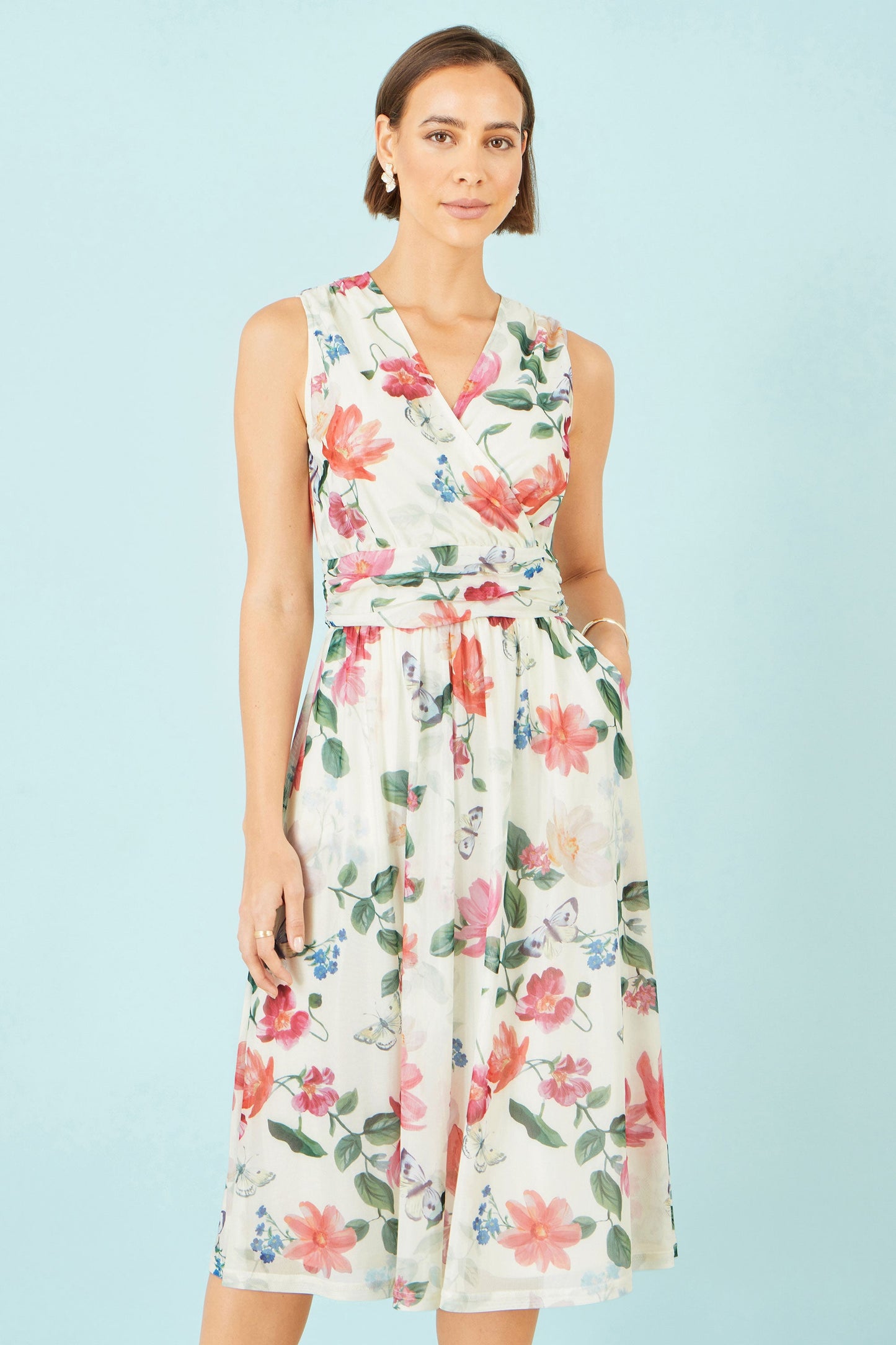 Ivory Blurred Floral Print Mesh Stretch Midi Dress With Pockets