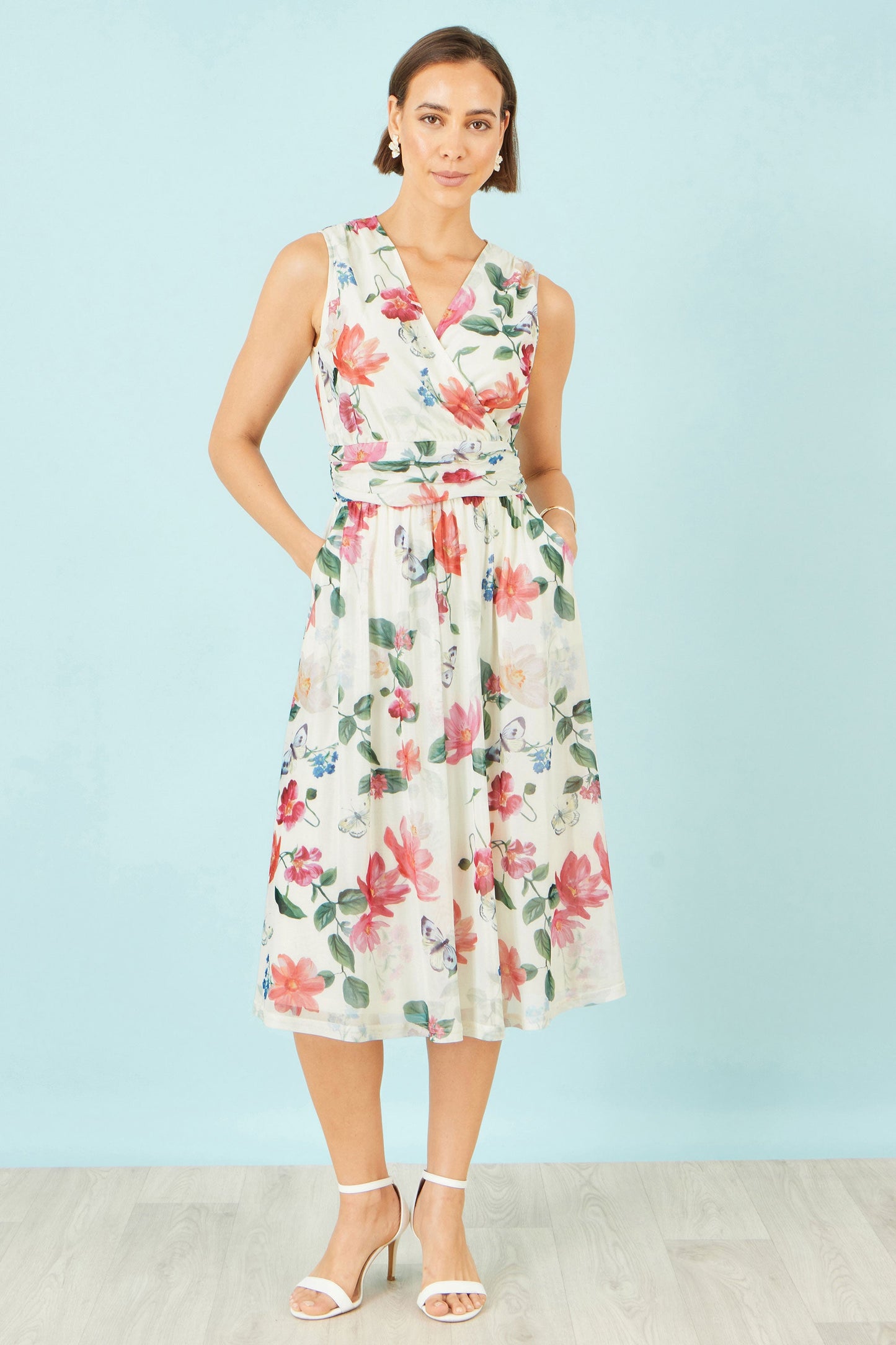Ivory Blurred Floral Print Mesh Stretch Midi Dress With Pockets