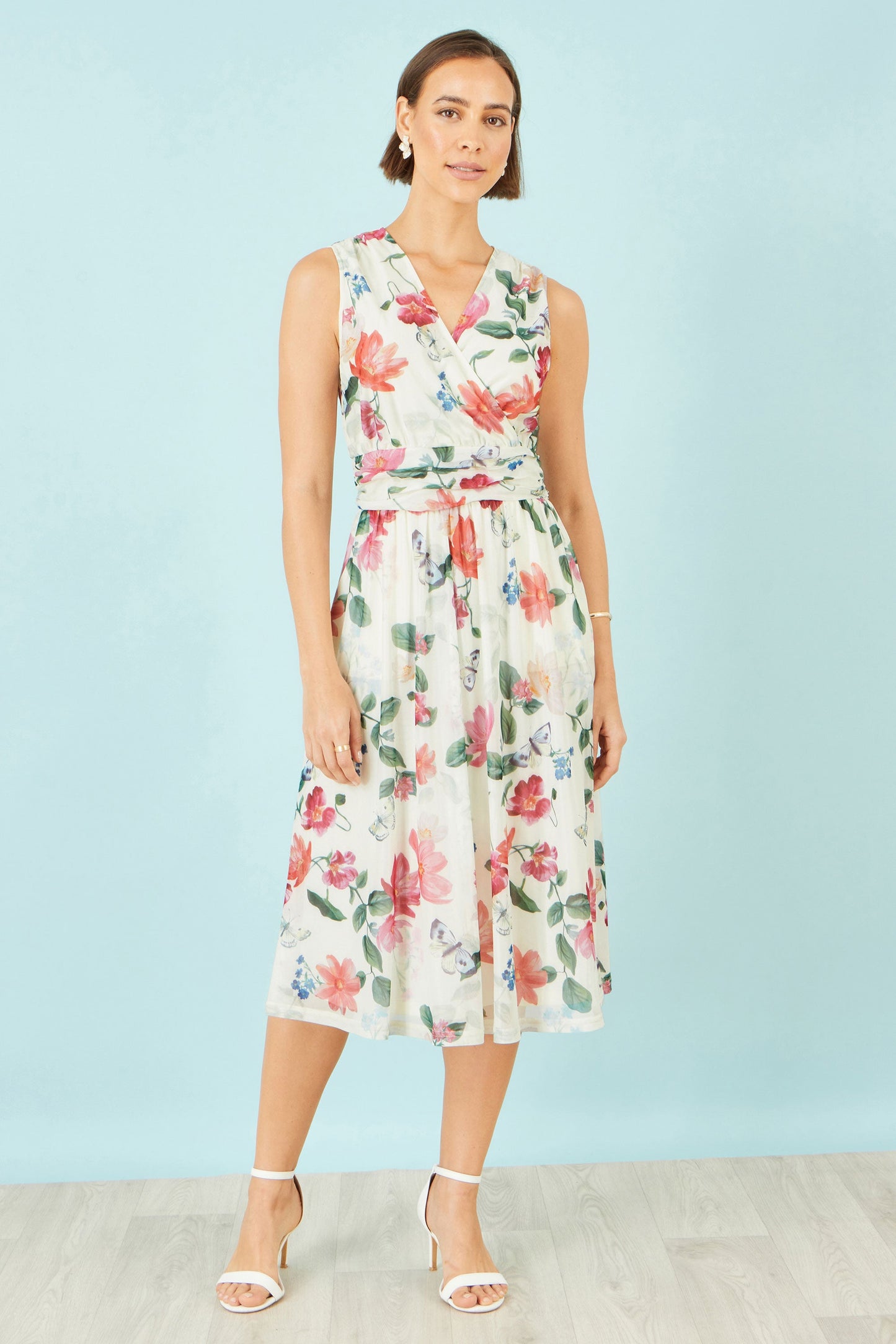 Ivory Blurred Floral Print Mesh Stretch Midi Dress With Pockets