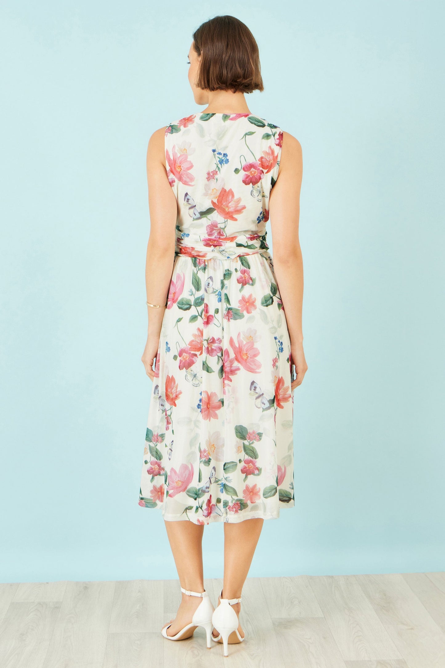 Ivory Blurred Floral Print Mesh Stretch Midi Dress With Pockets