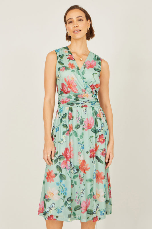 Mint Blurred Floral Mesh Wrap Midi Dress