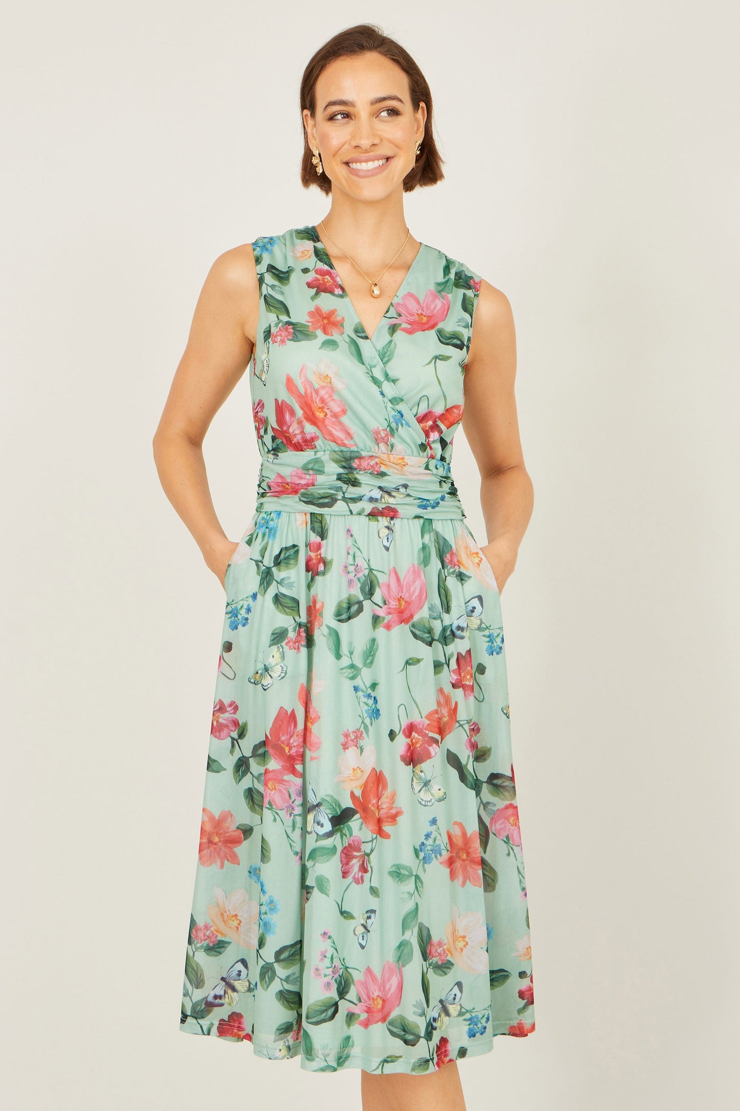 Mint Blurred Floral Mesh Wrap Midi Dress