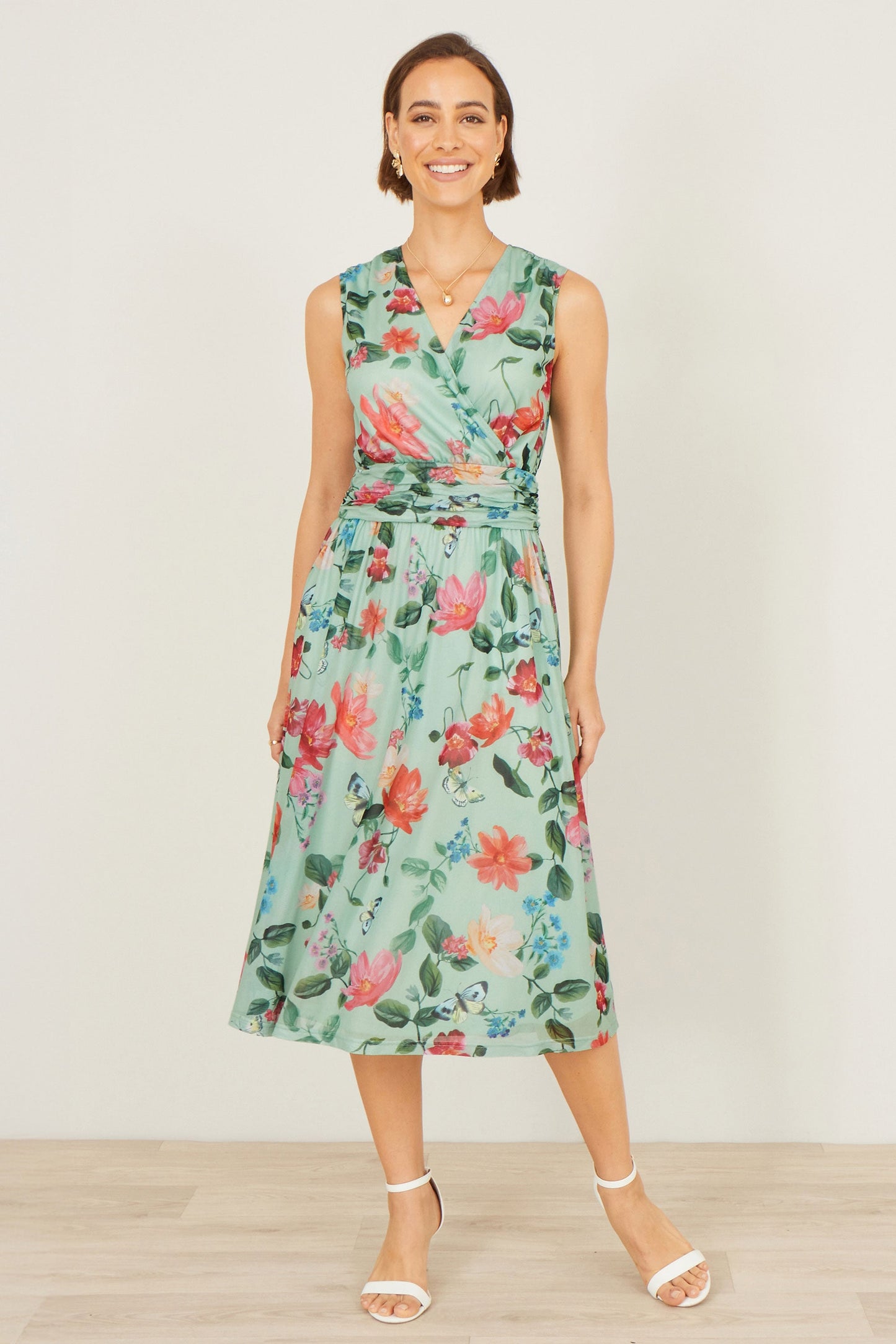 Mint Blurred Floral Mesh Wrap Midi Dress