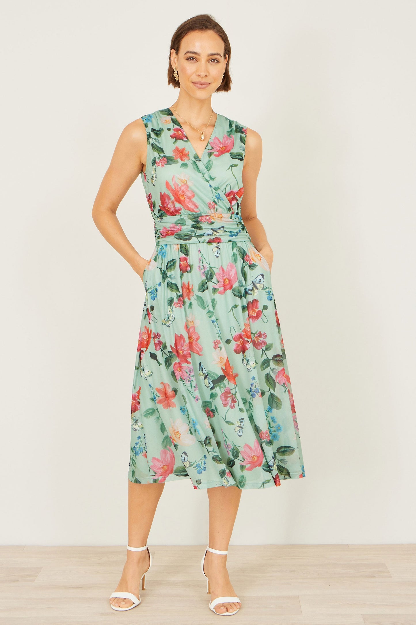 Mint Blurred Floral Mesh Wrap Midi Dress