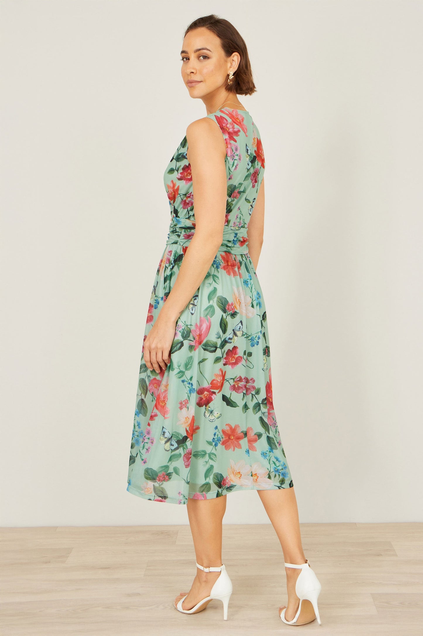 Mint Blurred Floral Mesh Wrap Midi Dress
