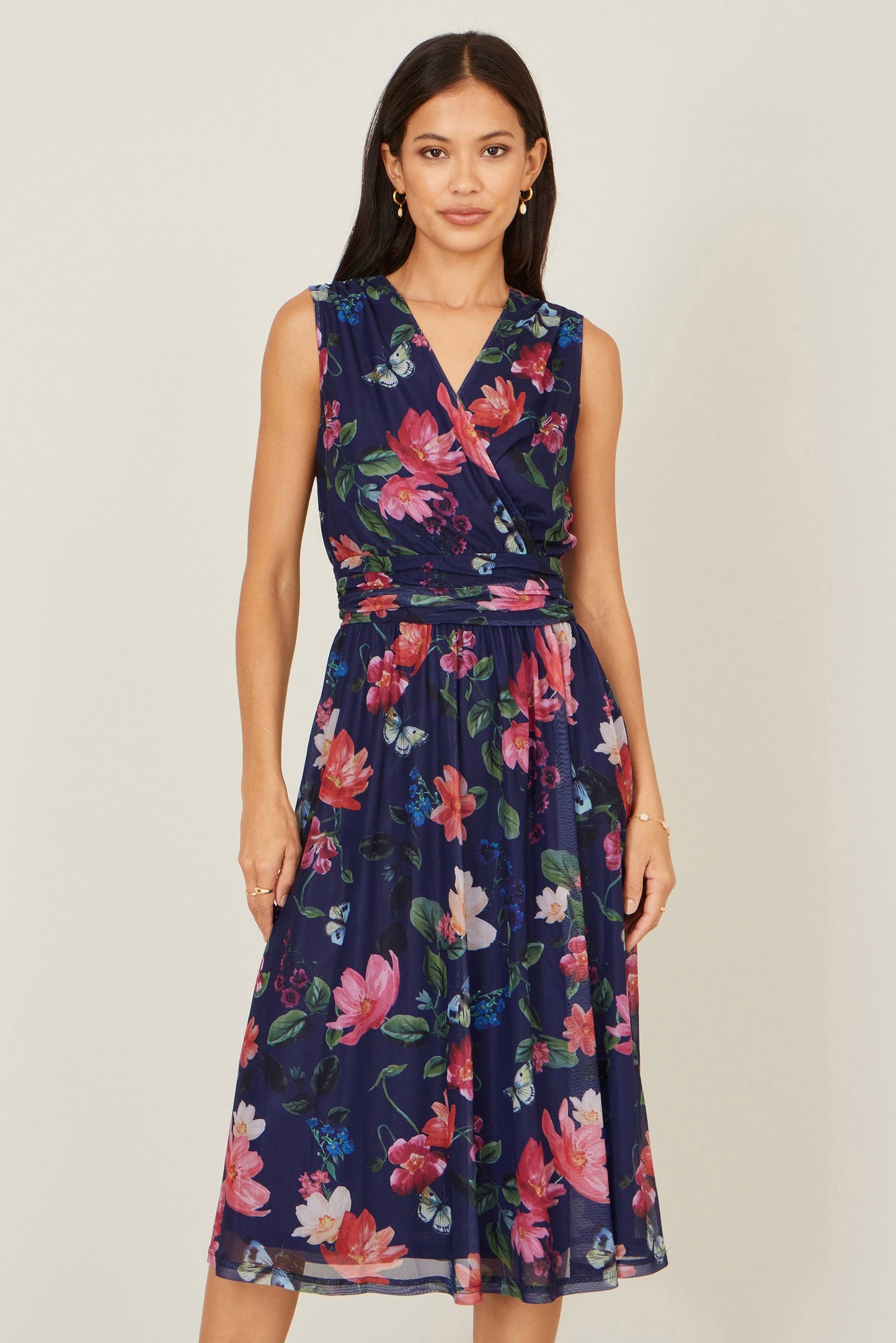Navy Blurred Floral Print Mesh Stretch Midi Dress With Pockets