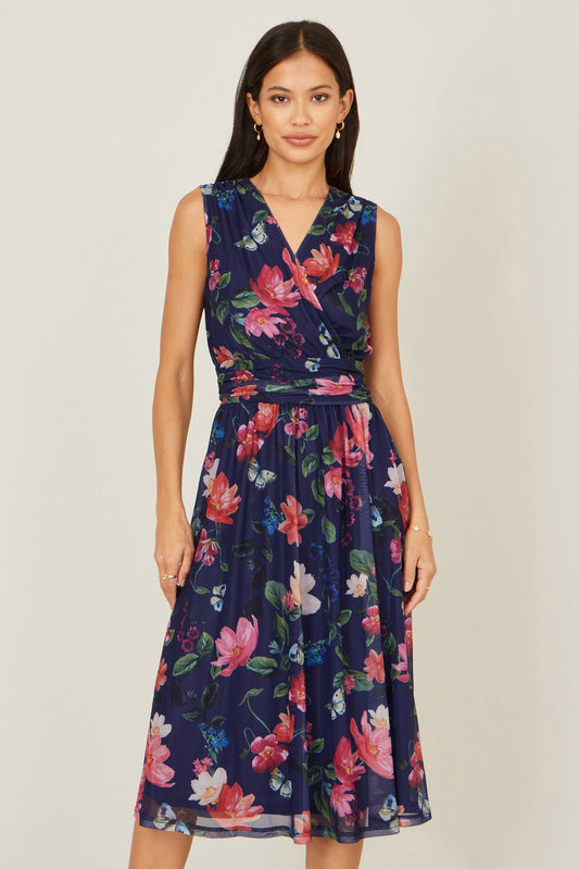 Navy Blurred Floral Print Mesh Stretch Midi Dress With Pockets