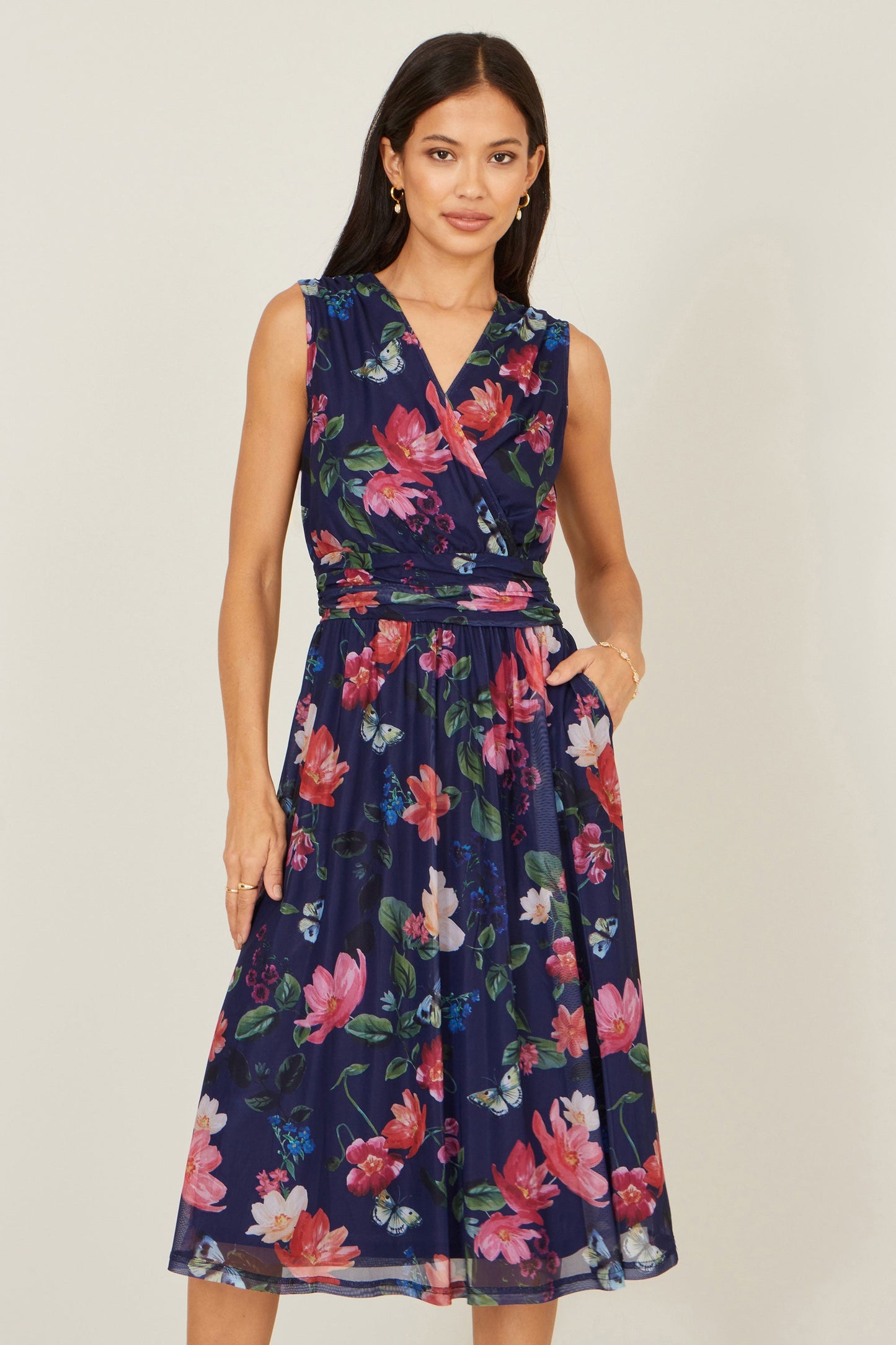 Navy Blurred Floral Print Mesh Stretch Midi Dress With Pockets