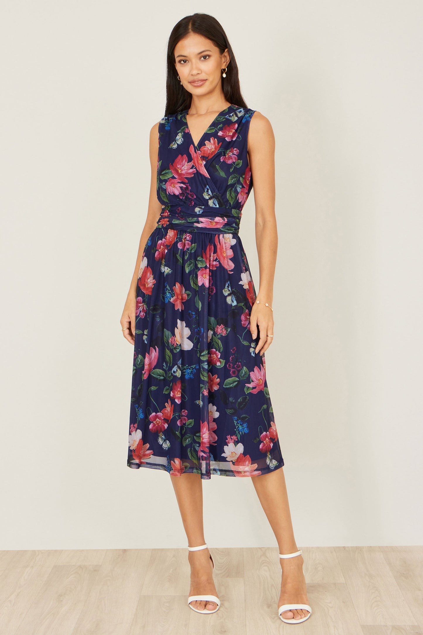 Navy Blurred Floral Print Mesh Stretch Midi Dress With Pockets