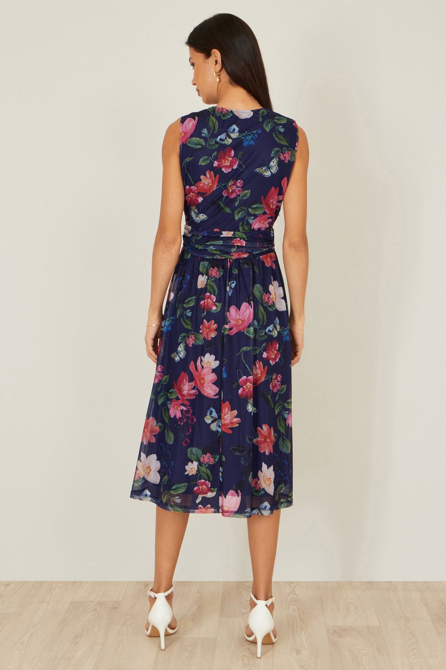 Navy Blurred Floral Print Mesh Stretch Midi Dress With Pockets