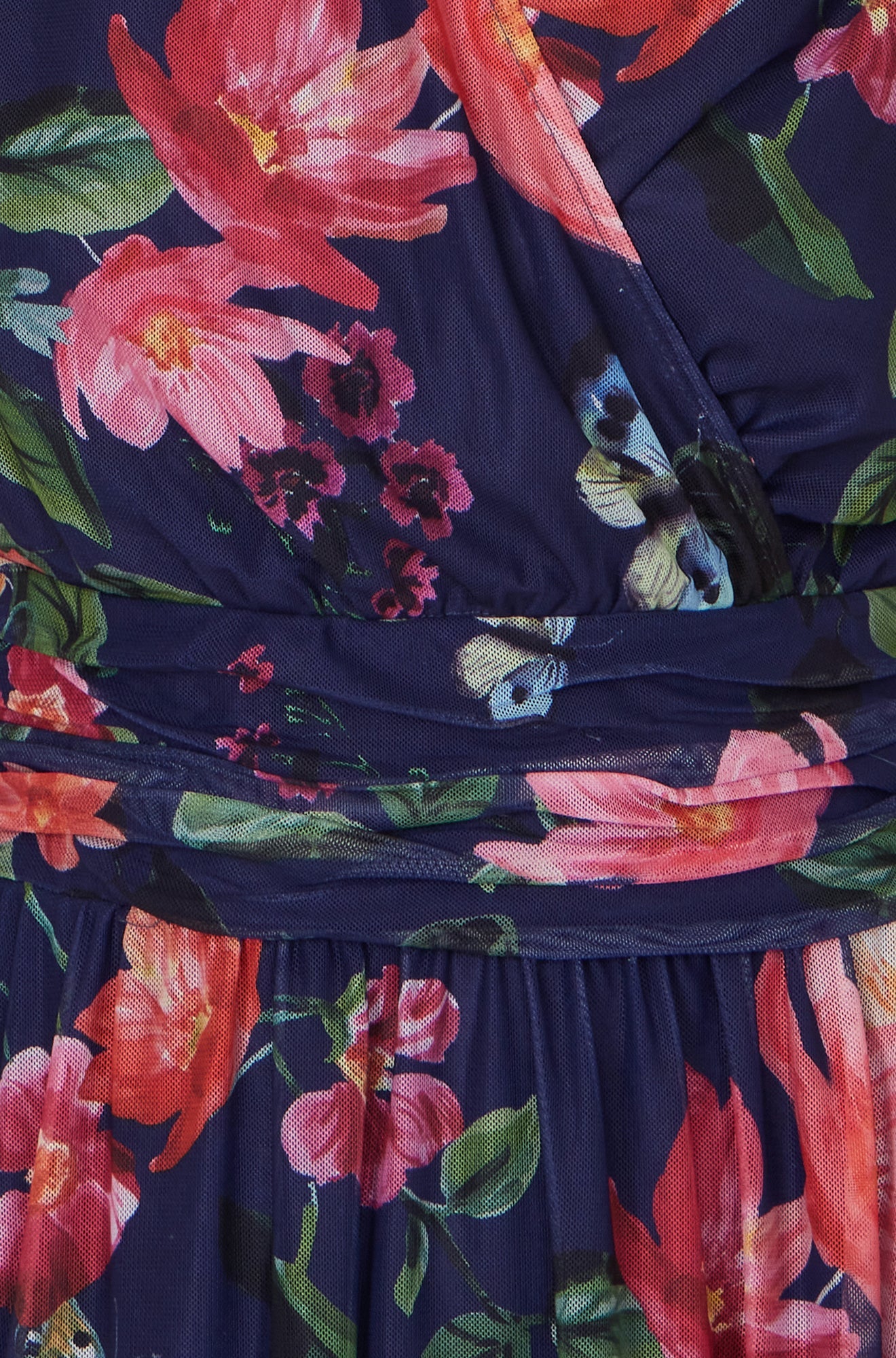 Navy Blurred Floral Print Mesh Stretch Midi Dress With Pockets