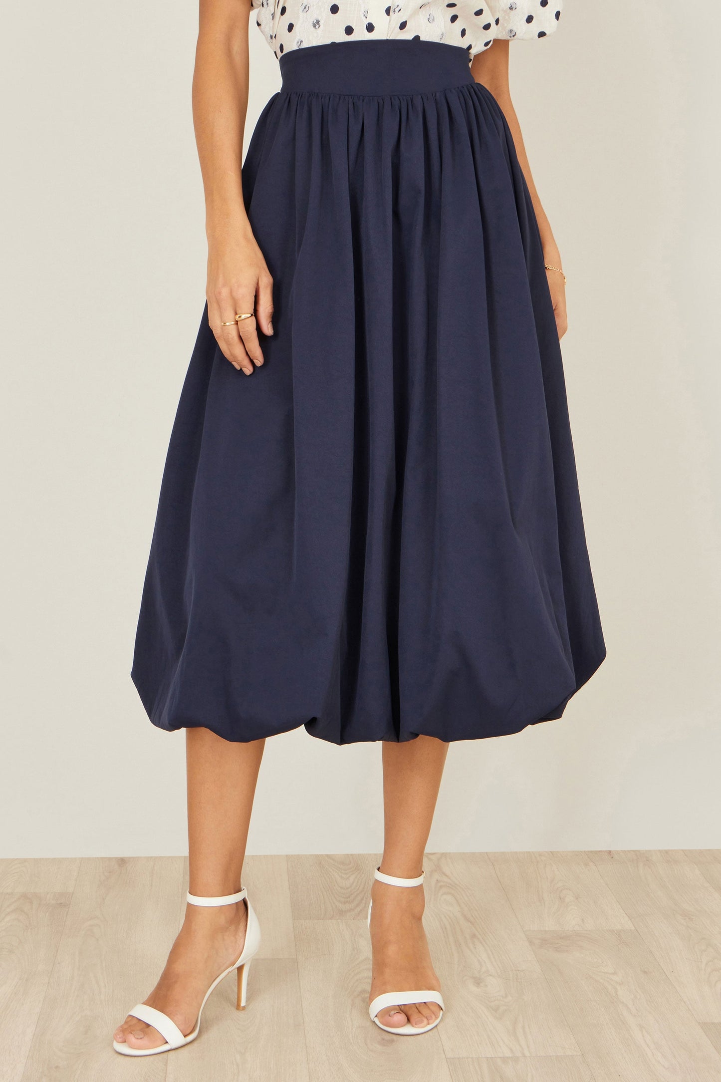 Navy Satin Bubble Hem Midi Skirt