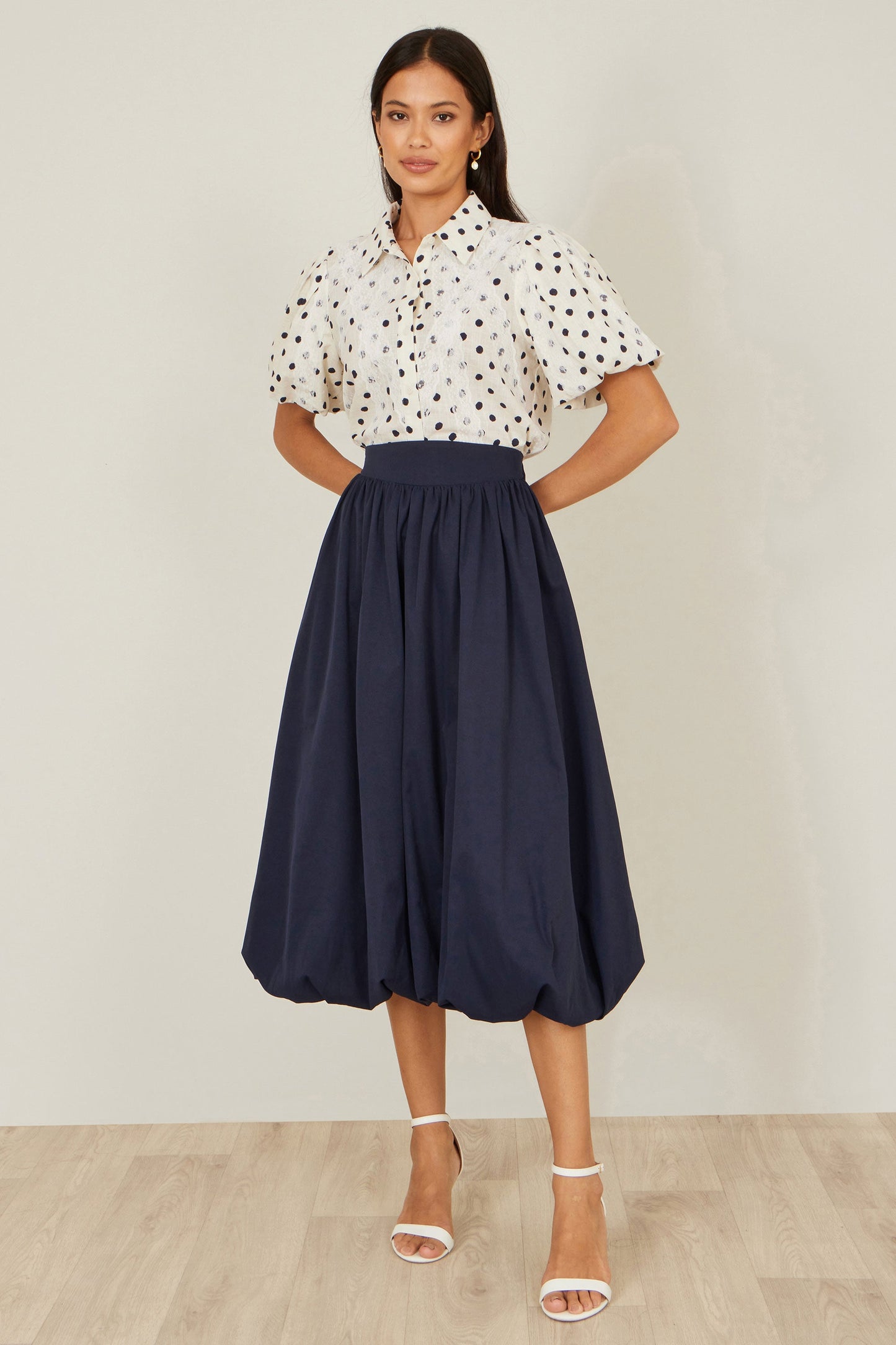 Navy Satin Bubble Hem Midi Skirt