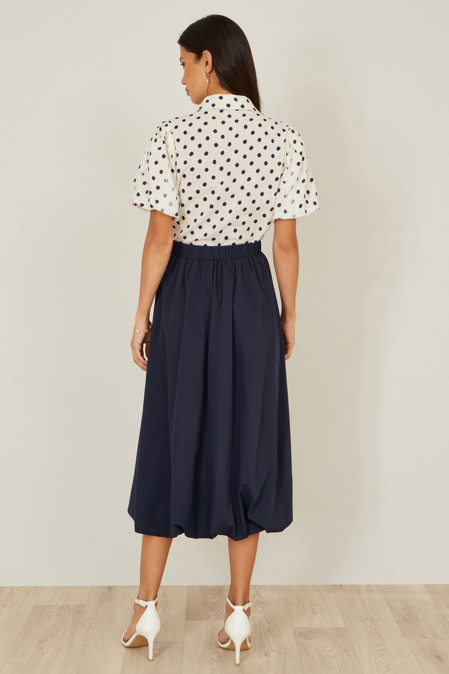 Navy Satin Bubble Hem Midi Skirt
