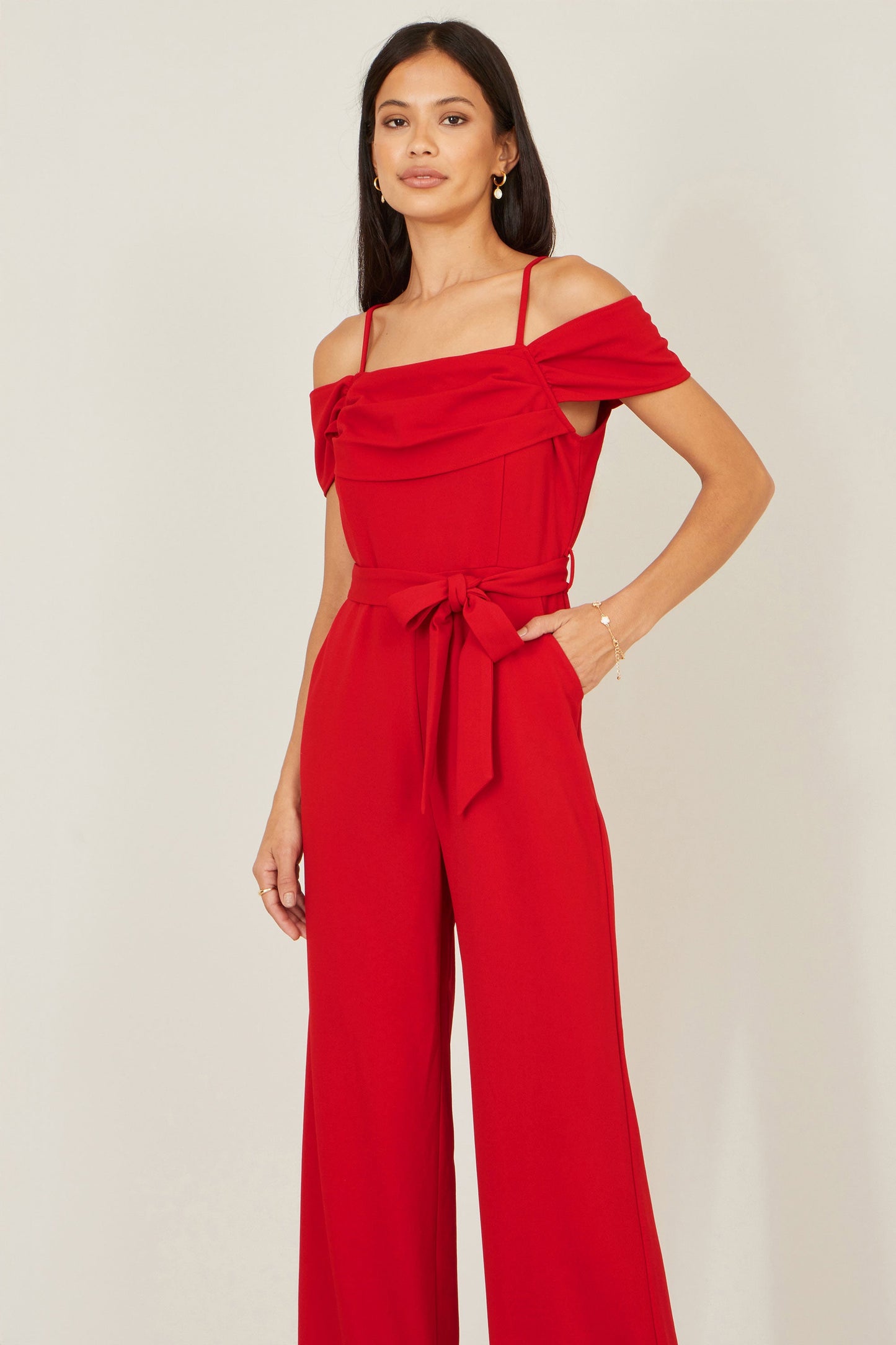 Red Stretch Bardot Jumpsuit