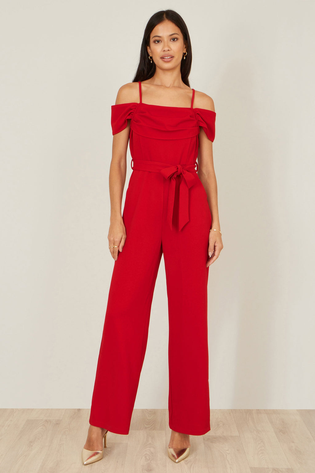 Red Stretch Bardot Jumpsuit