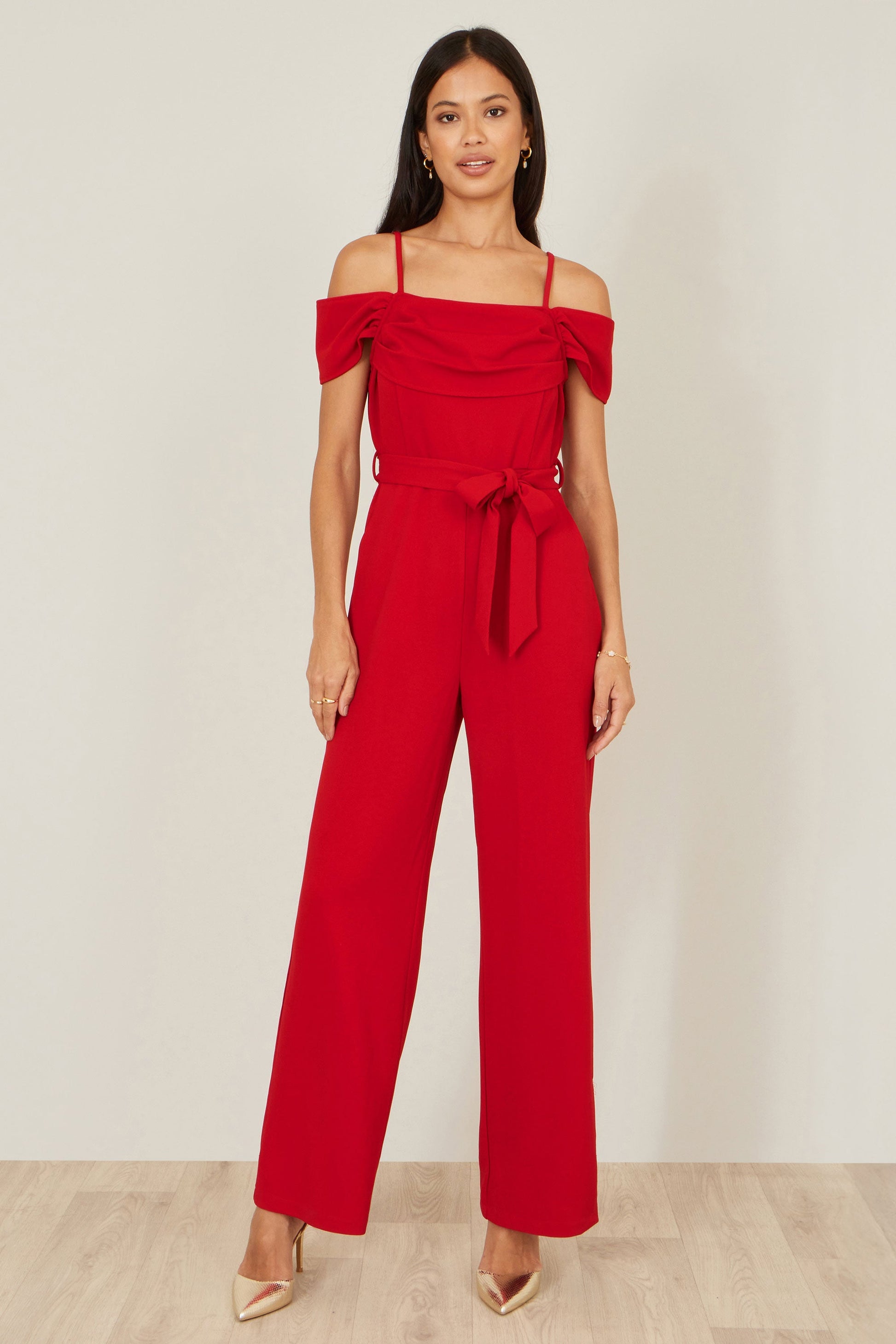Red Stretch Bardot Jumpsuit