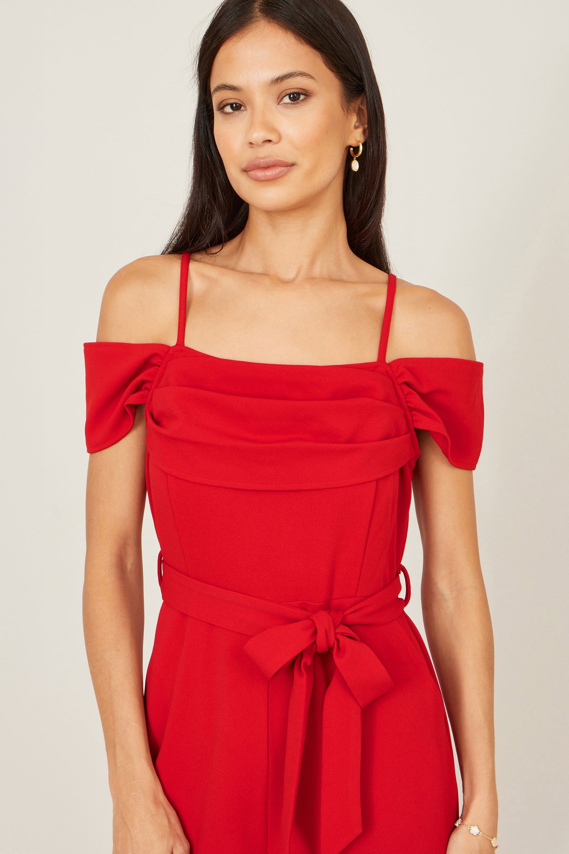 Red Stretch Bardot Jumpsuit