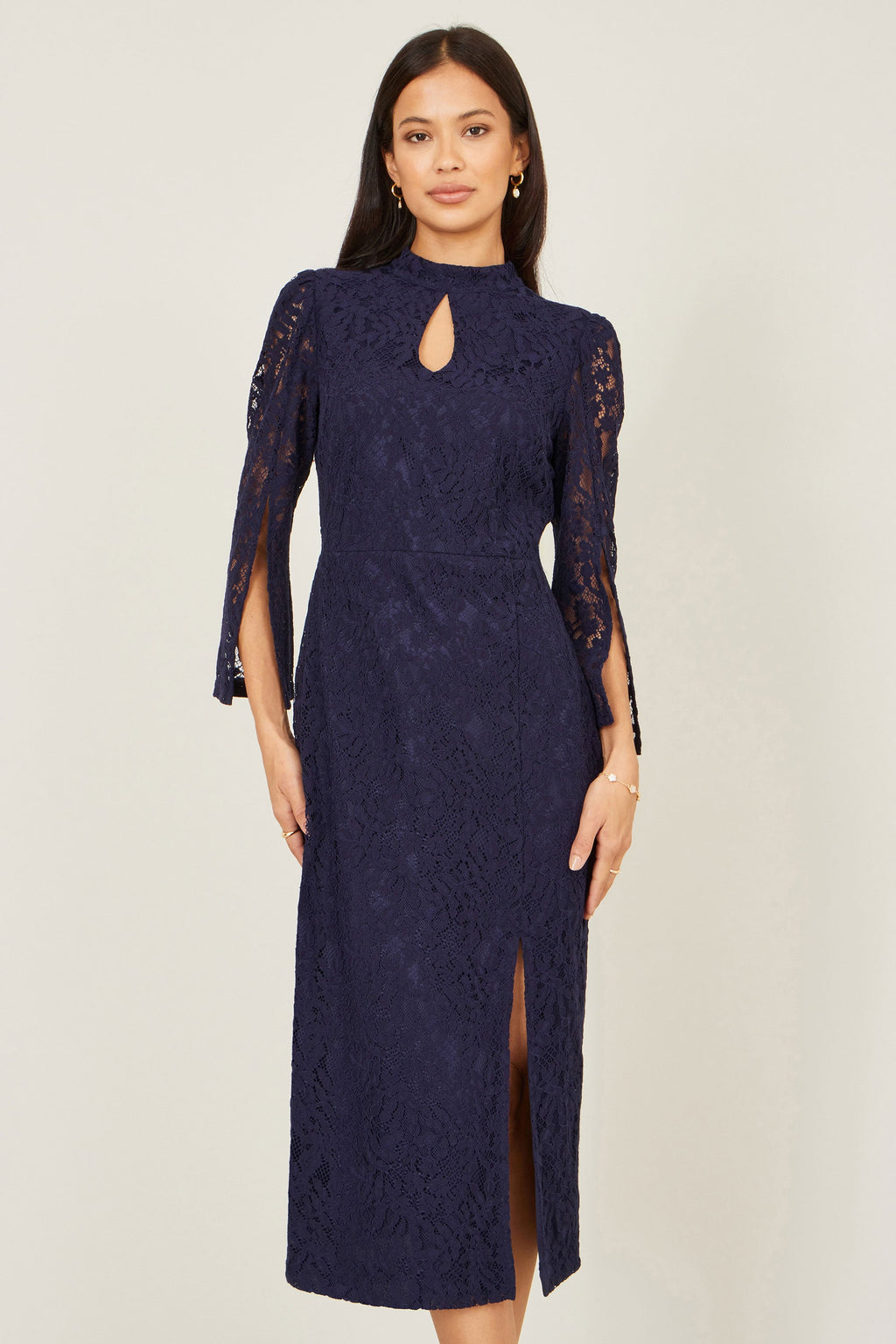 Navy Lace Fitted Midi Dress With Flute Sleeves