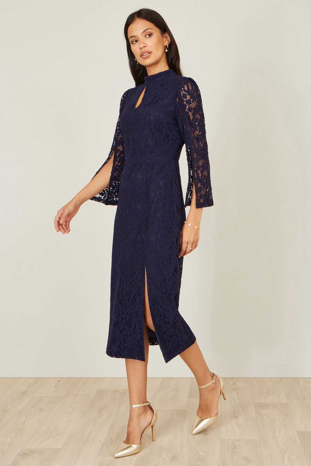 Navy Lace Fitted Midi Dress With Flute Sleeves