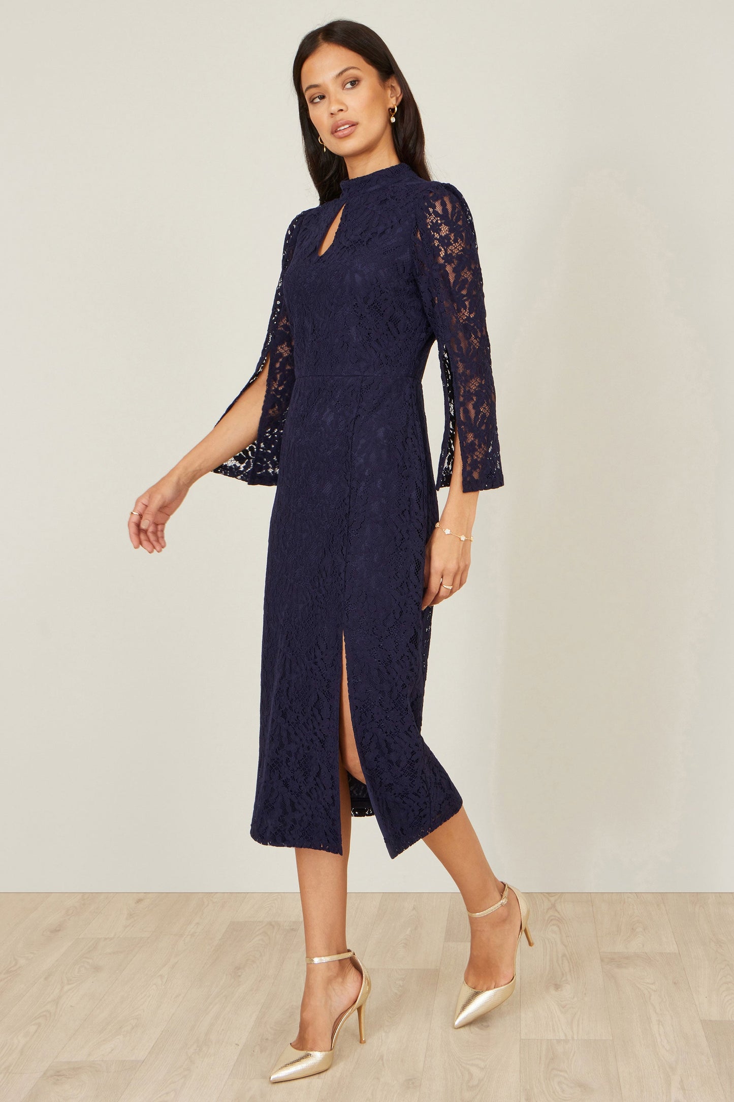 Navy Lace Fitted Midi Dress With Flute Sleeves