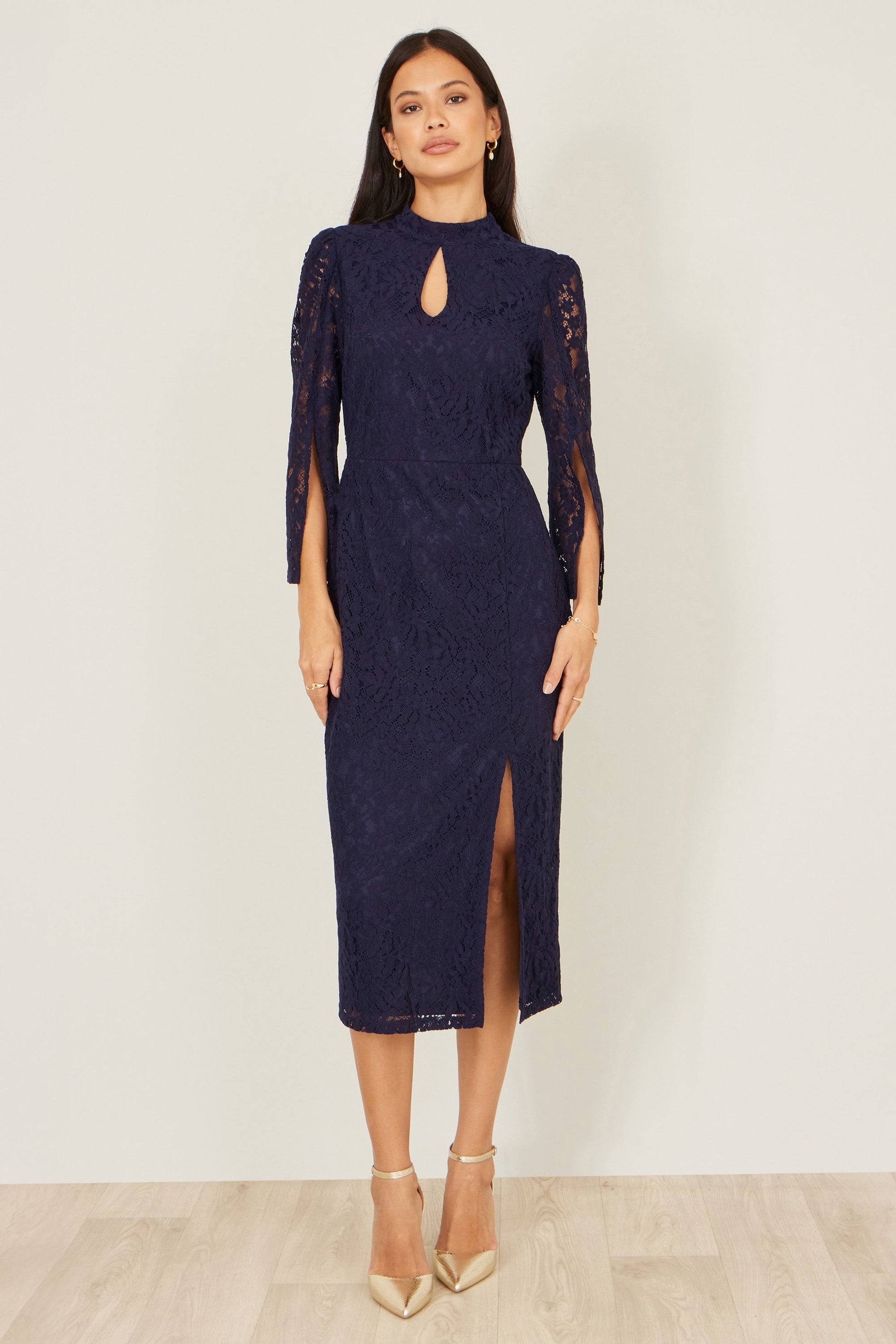 Navy Lace Fitted Midi Dress With Flute Sleeves