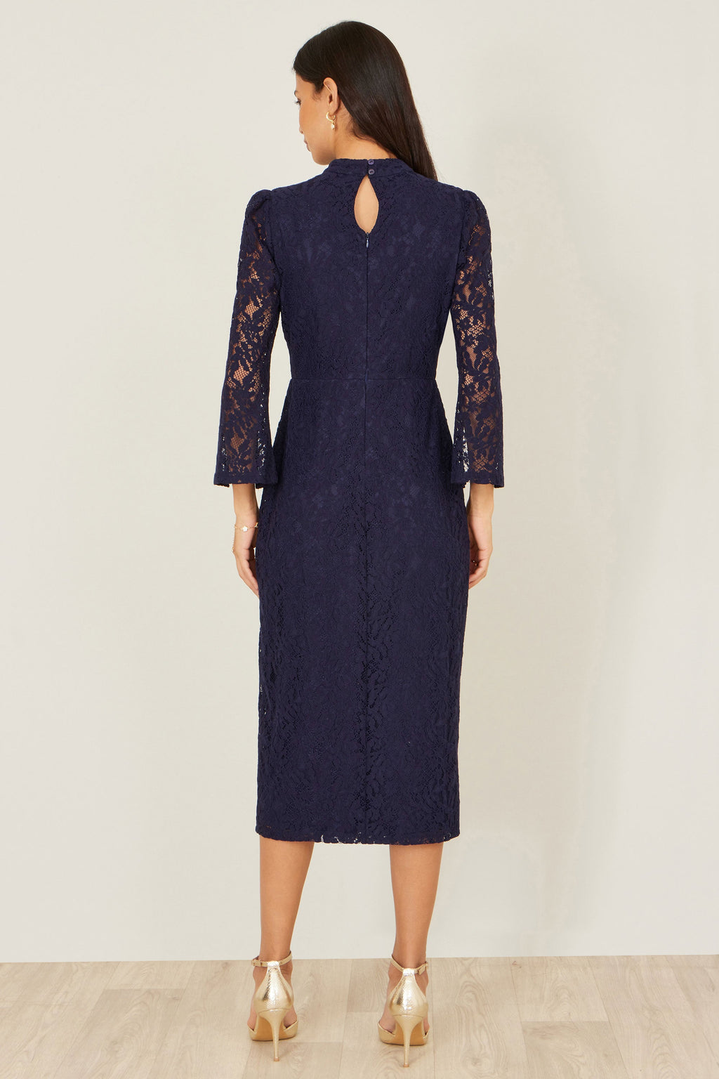 Navy Lace Fitted Midi Dress With Flute Sleeves