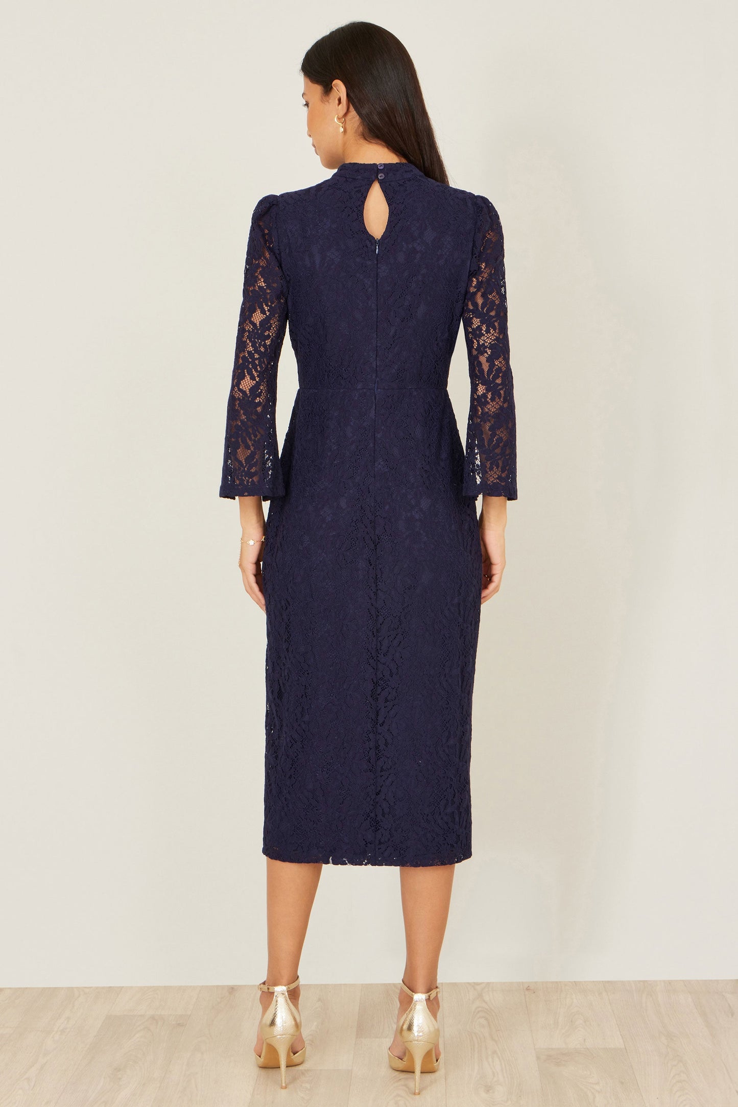 Navy Lace Fitted Midi Dress With Flute Sleeves