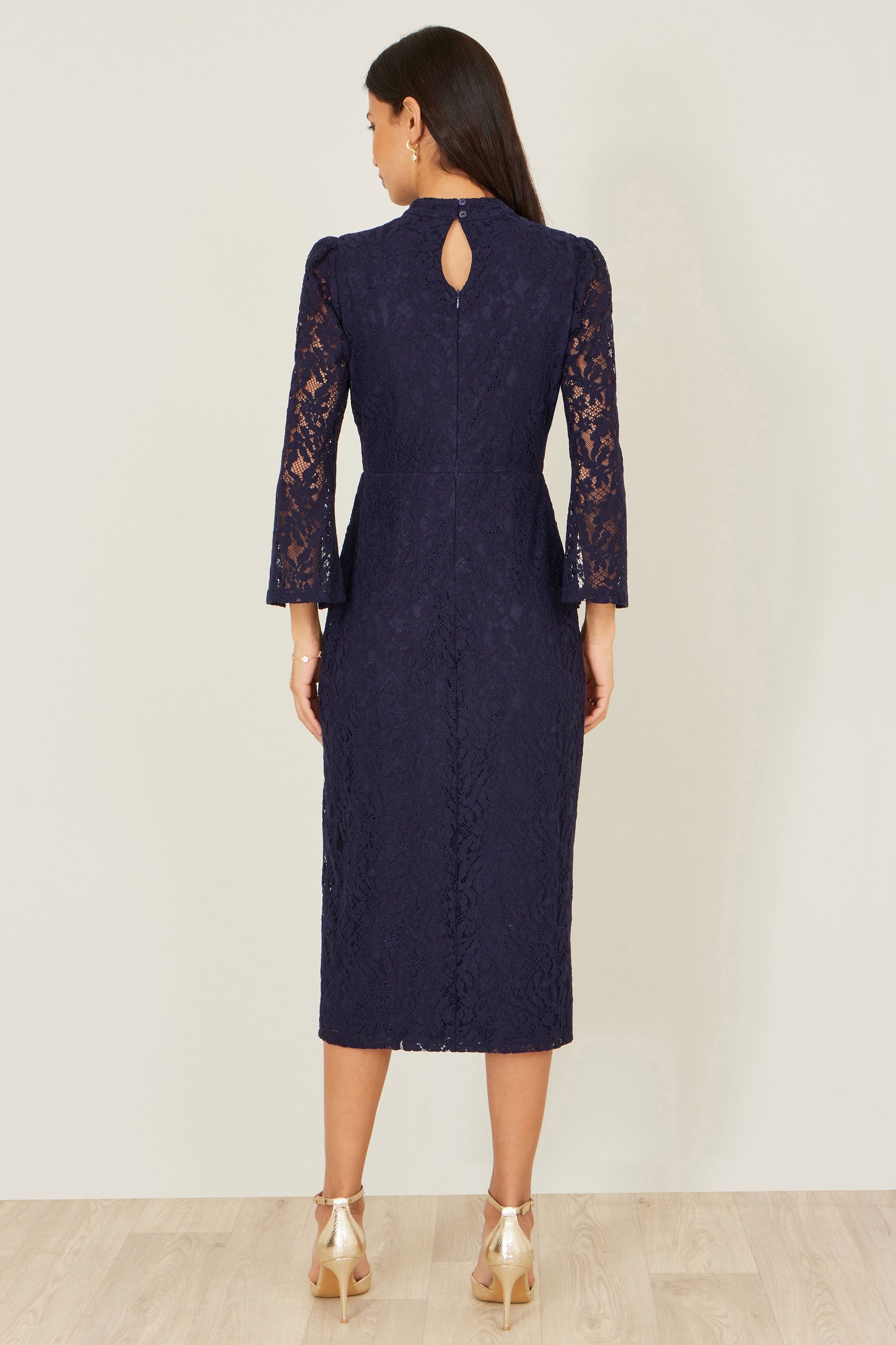 Navy Lace Fitted Midi Dress With Flute Sleeves