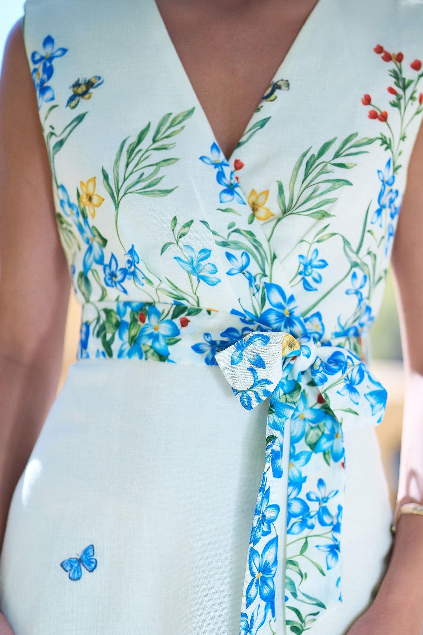 Ivory Butterfly Print Midi Wrap Dress