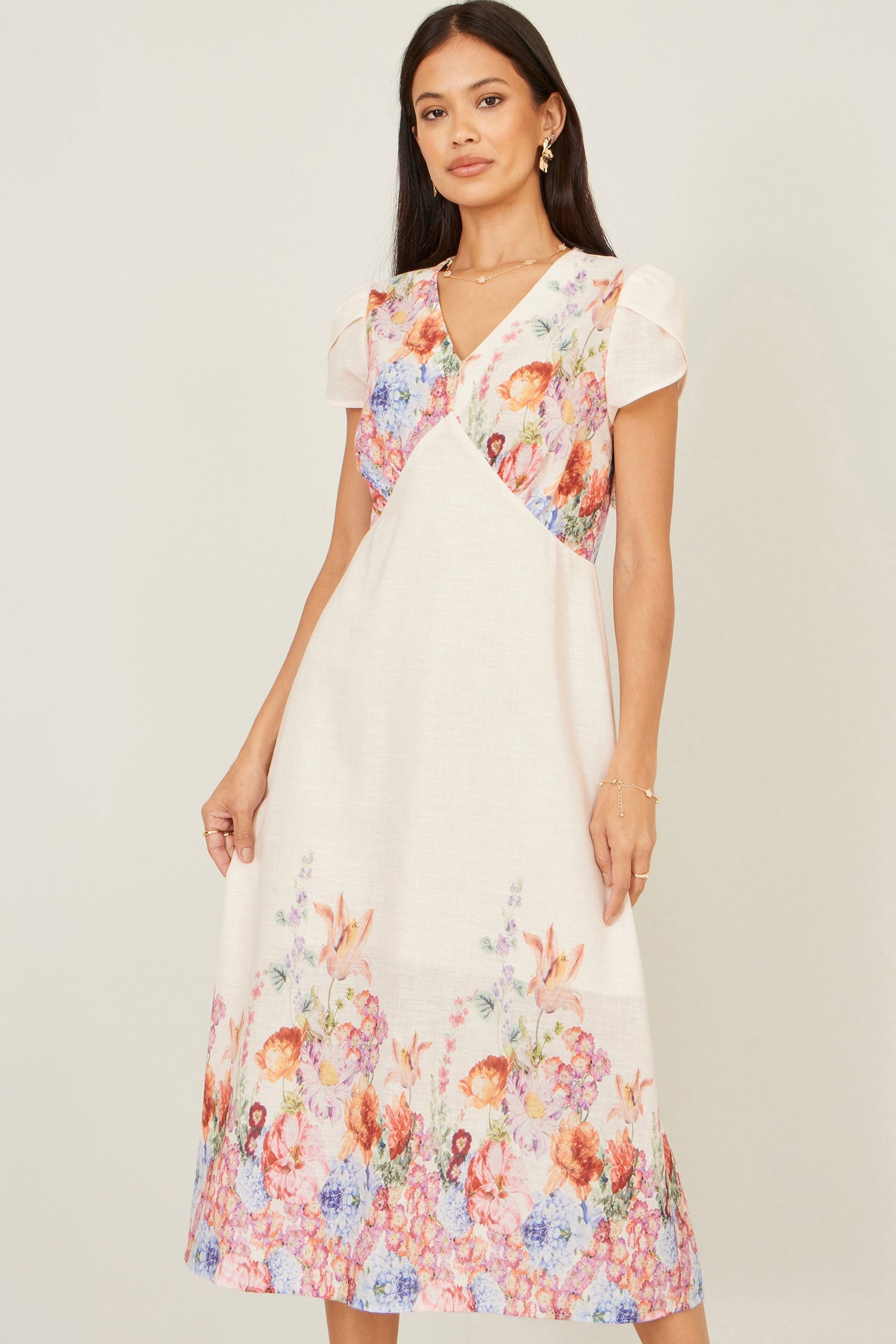 Pink Border Floral Midi Dress