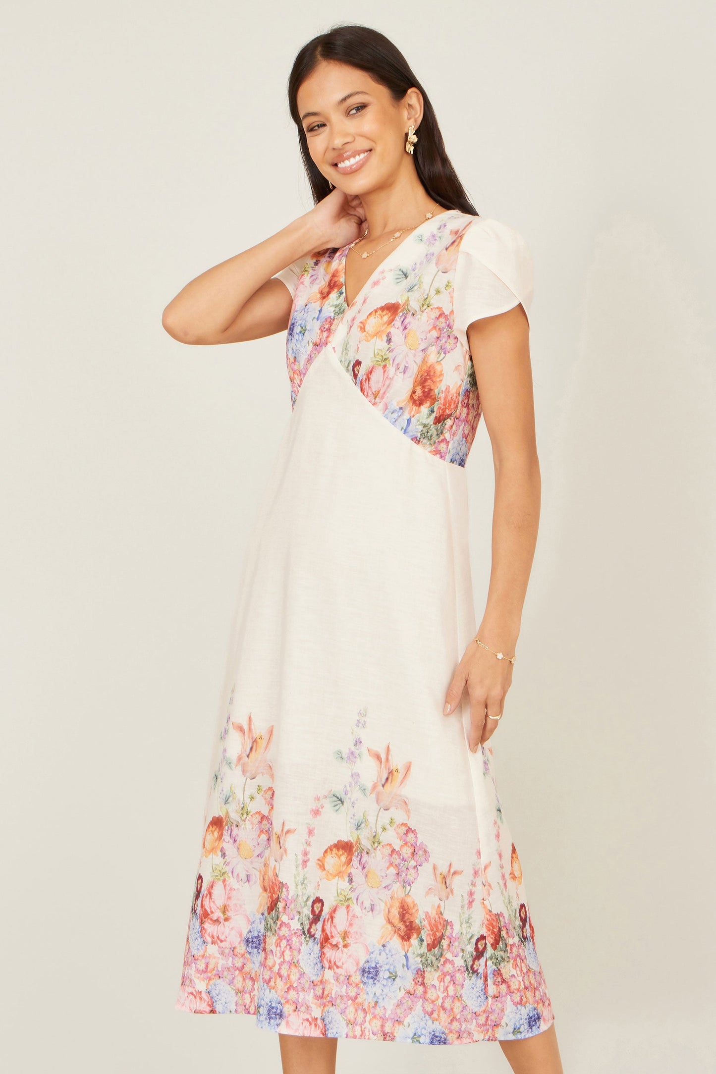 Pink Border Floral Midi Dress