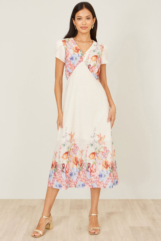 Pink Border Floral Midi Dress