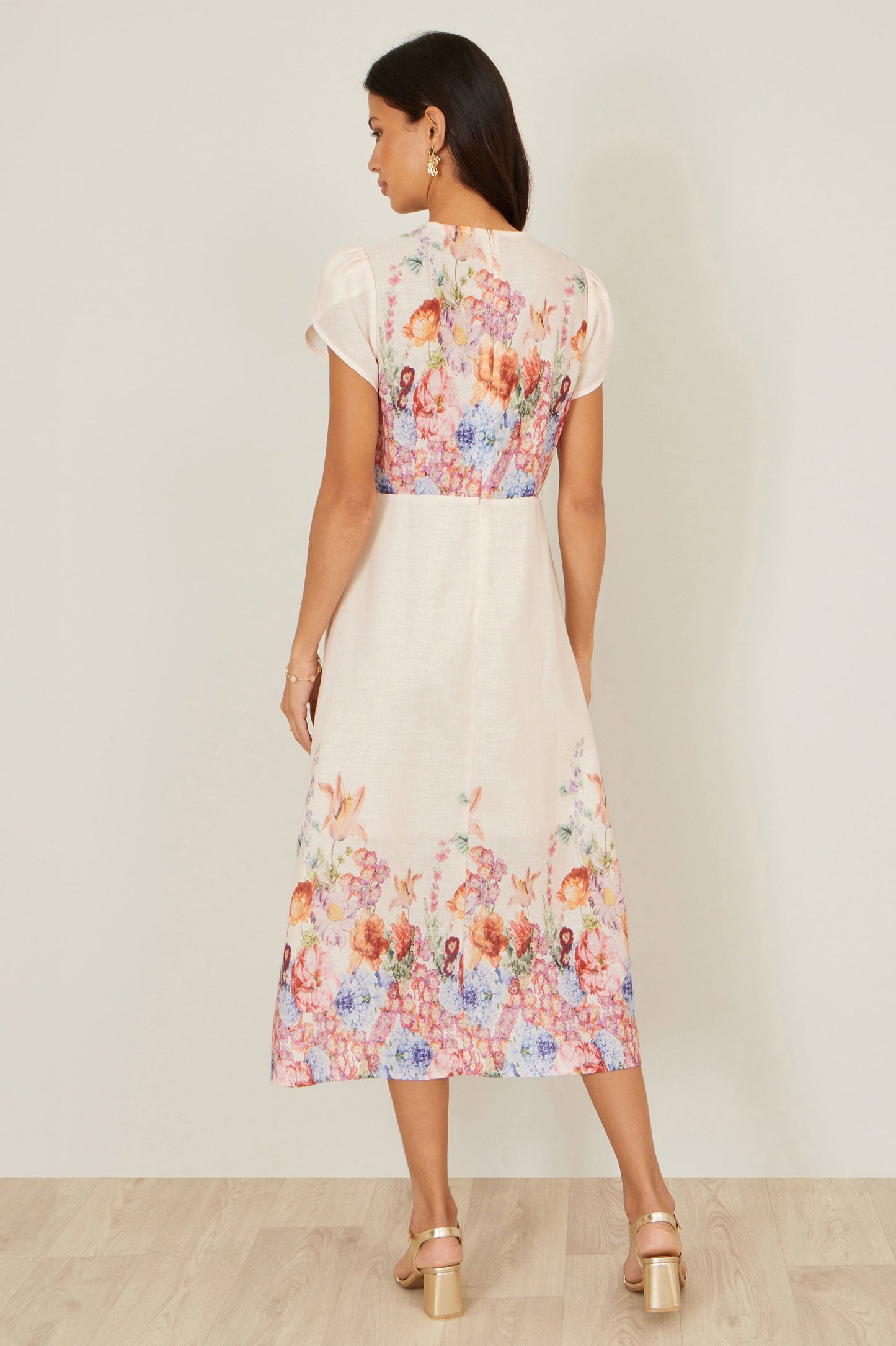 Pink Border Floral Midi Dress
