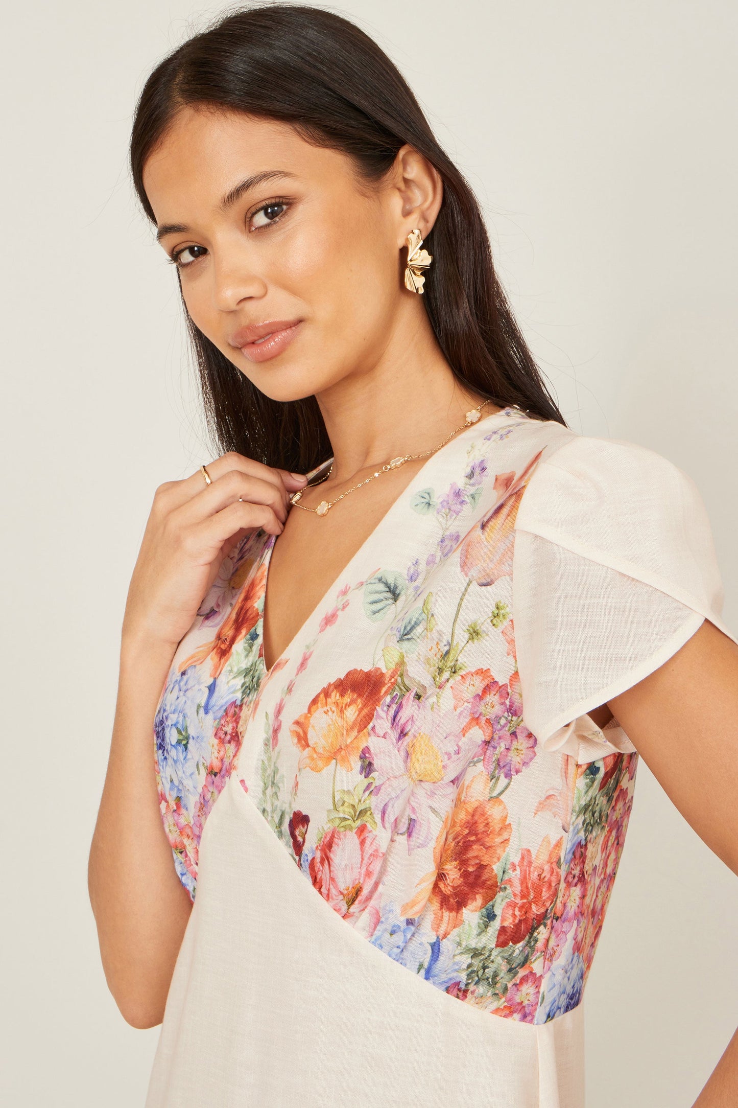 Pink Border Floral Midi Dress
