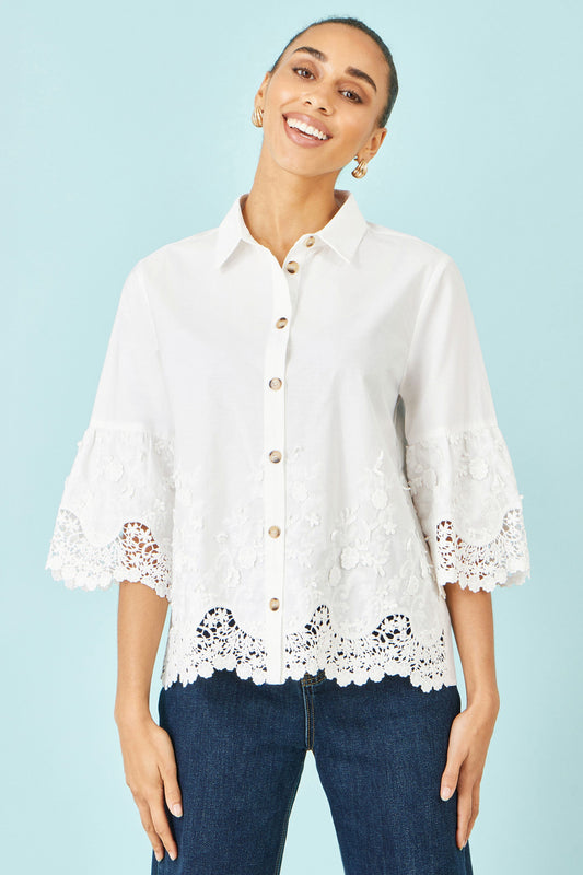 White Cotton Lace Border Shirt