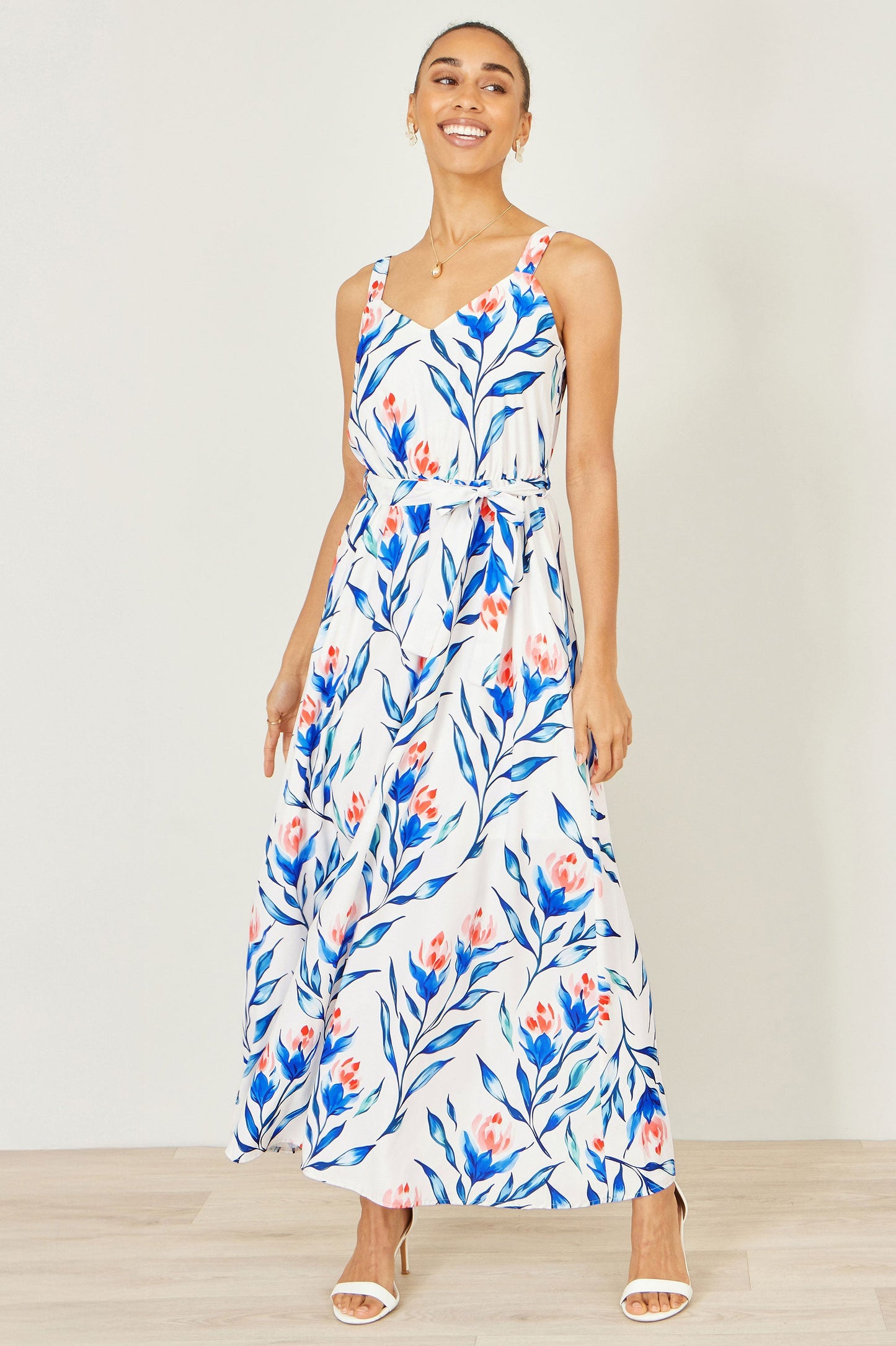 White Floral Print Maxi Sun Dress