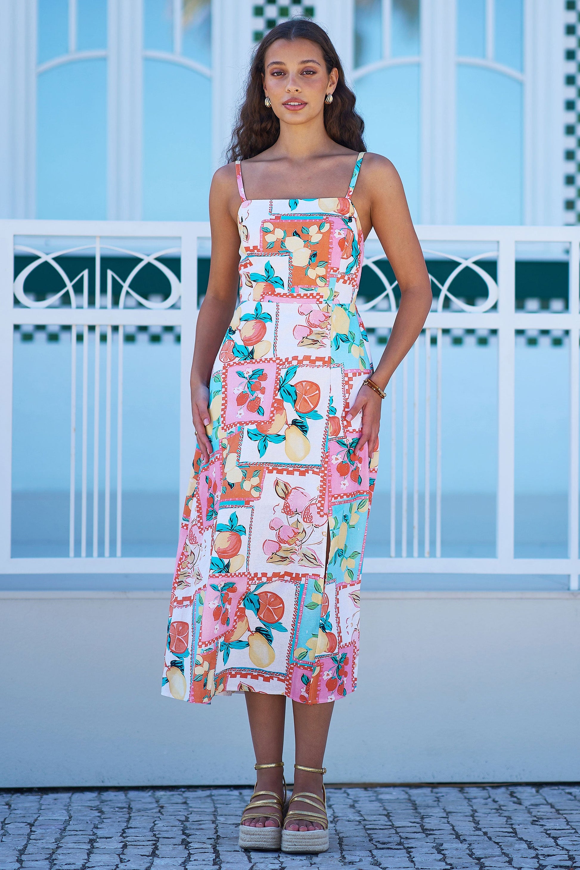 fruit print midi dress ASOS DESIGN high apex spun midi dress in orange fruit print