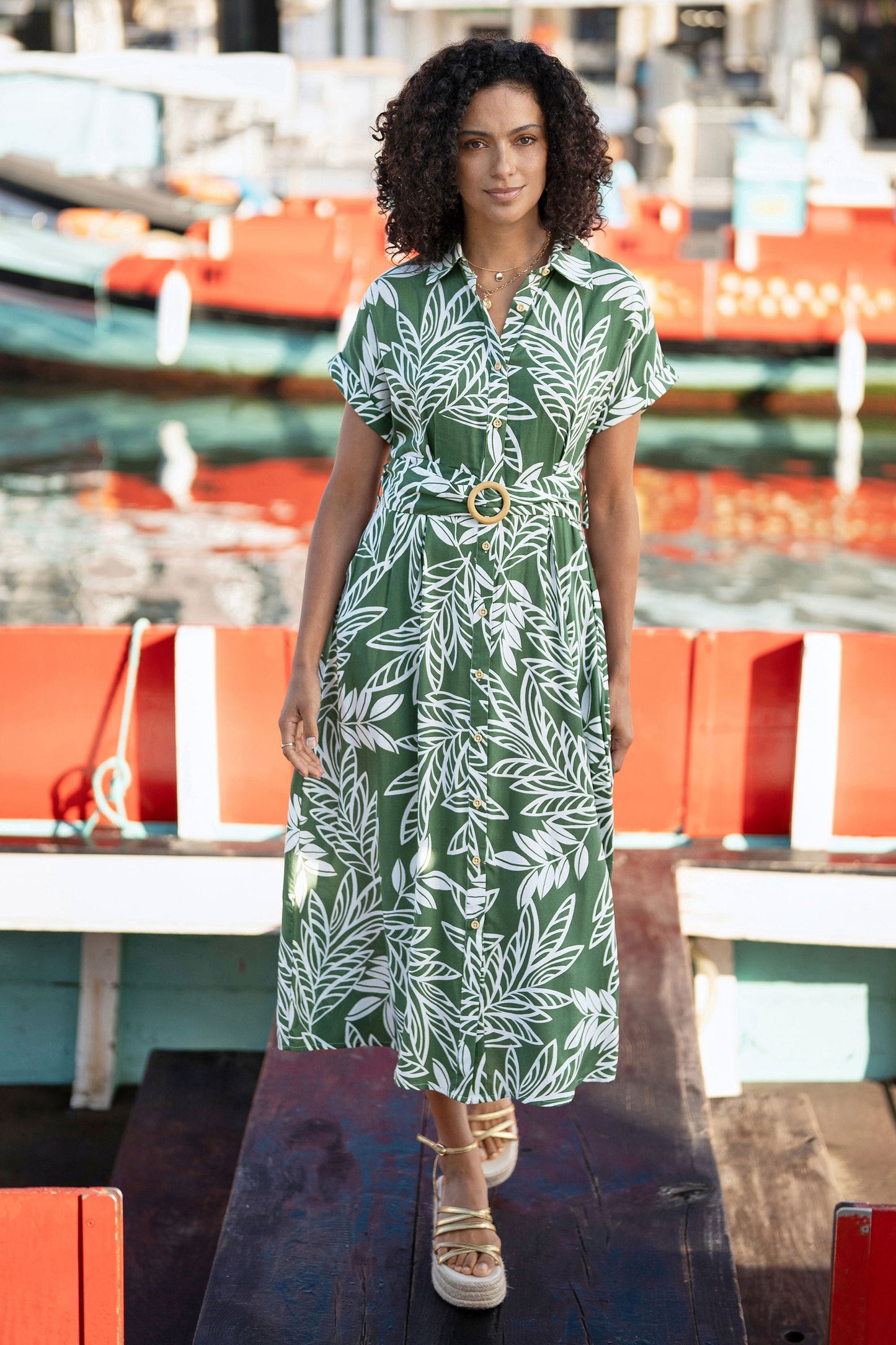 Green Leaf Print Viscose Relaxed Midi Shirt Dress