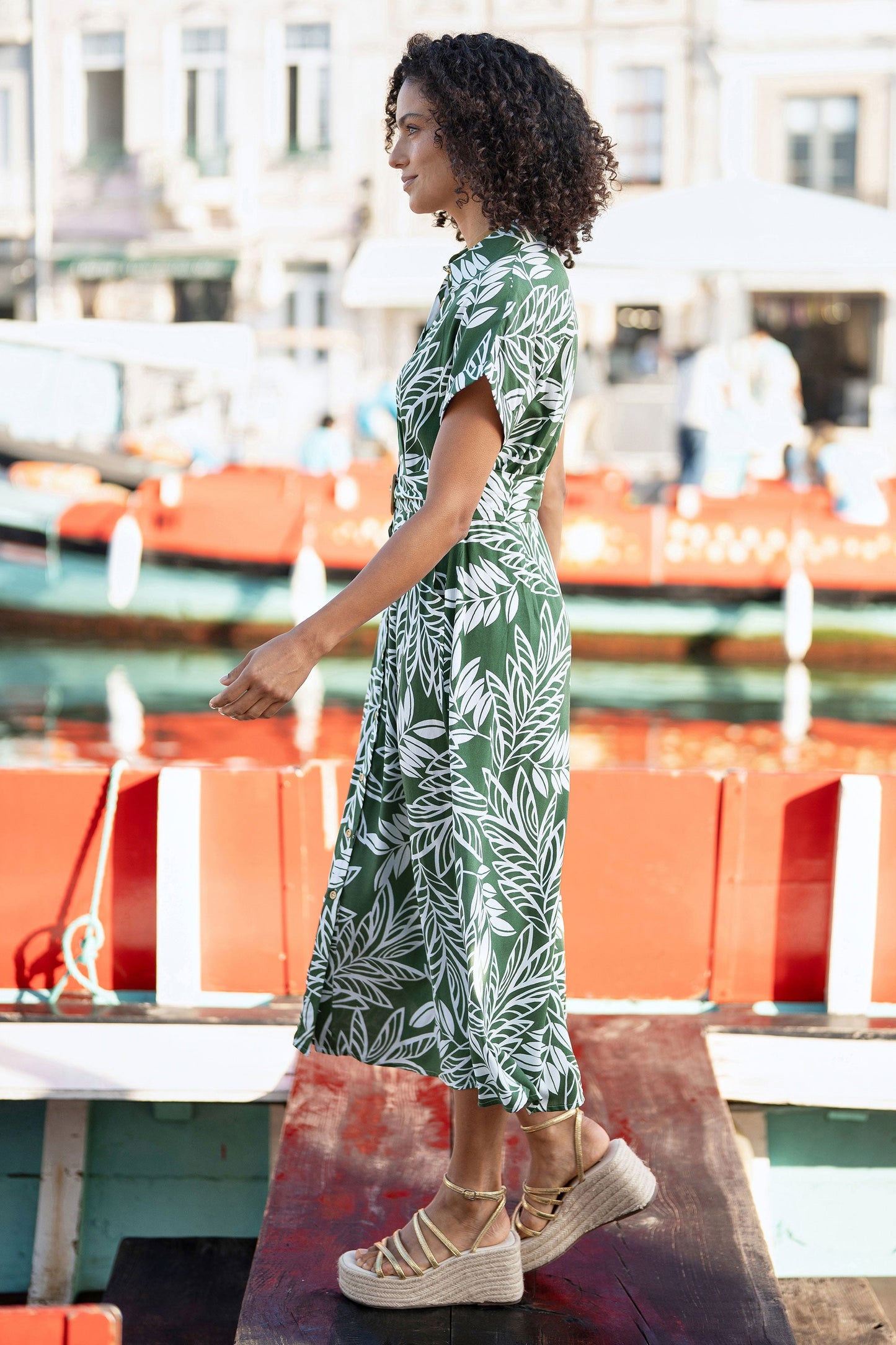 Green Leaf Print Viscose Relaxed Midi Shirt Dress