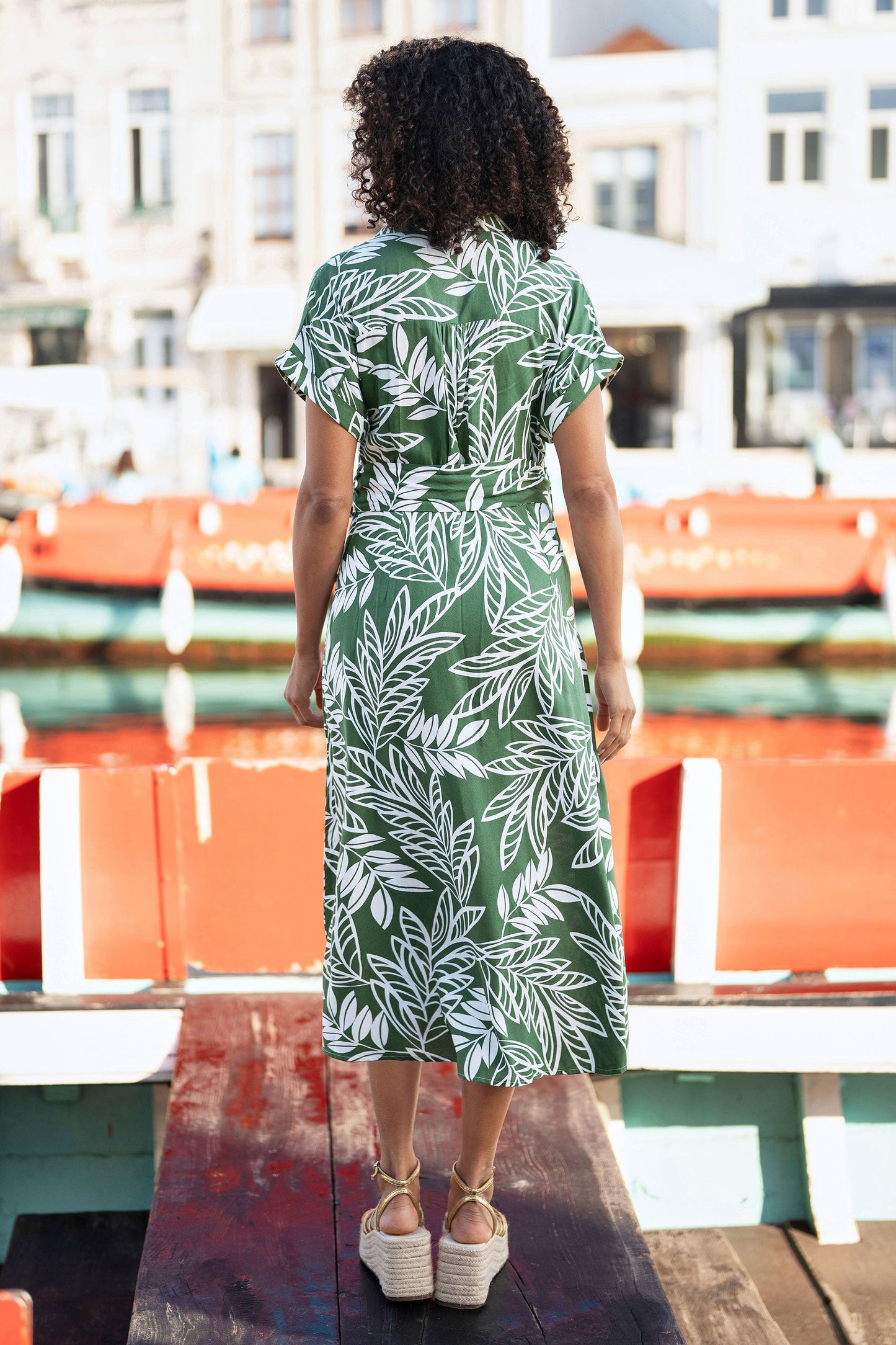 Green Leaf Print Viscose Relaxed Midi Shirt Dress