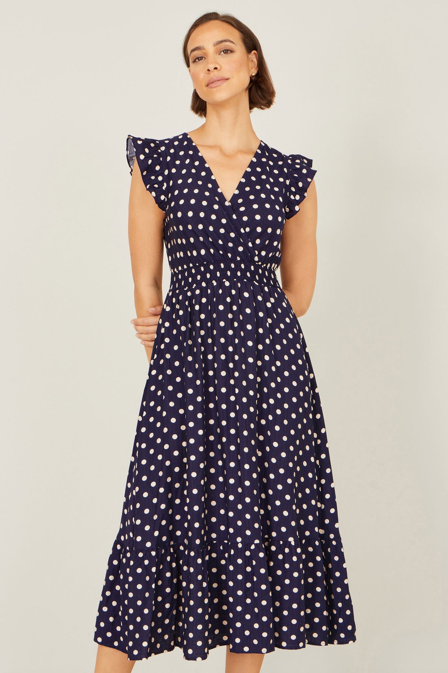 Navy Spot Ruched Waist Midi Dress