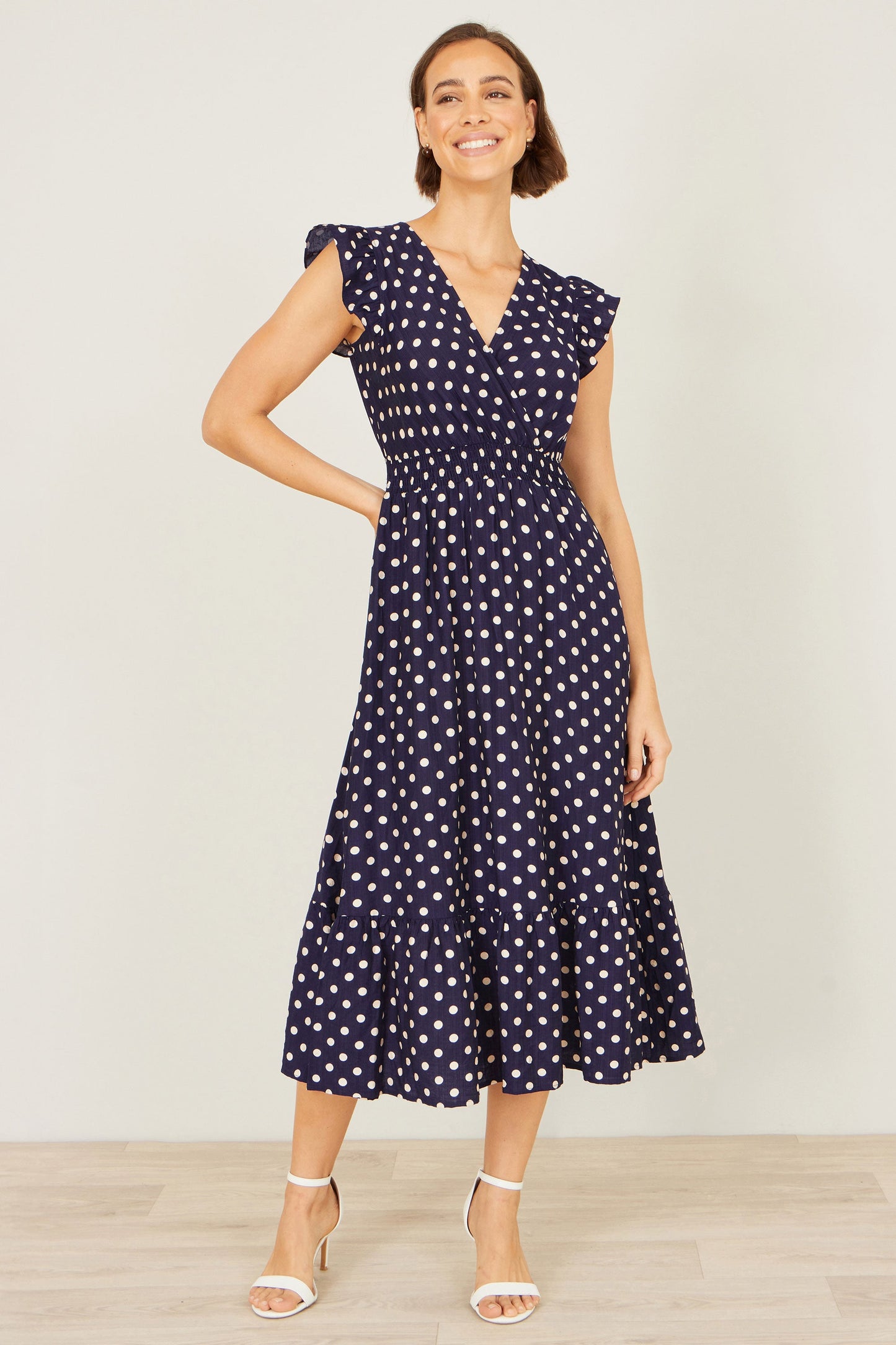Navy Spot Ruched Waist Midi Dress