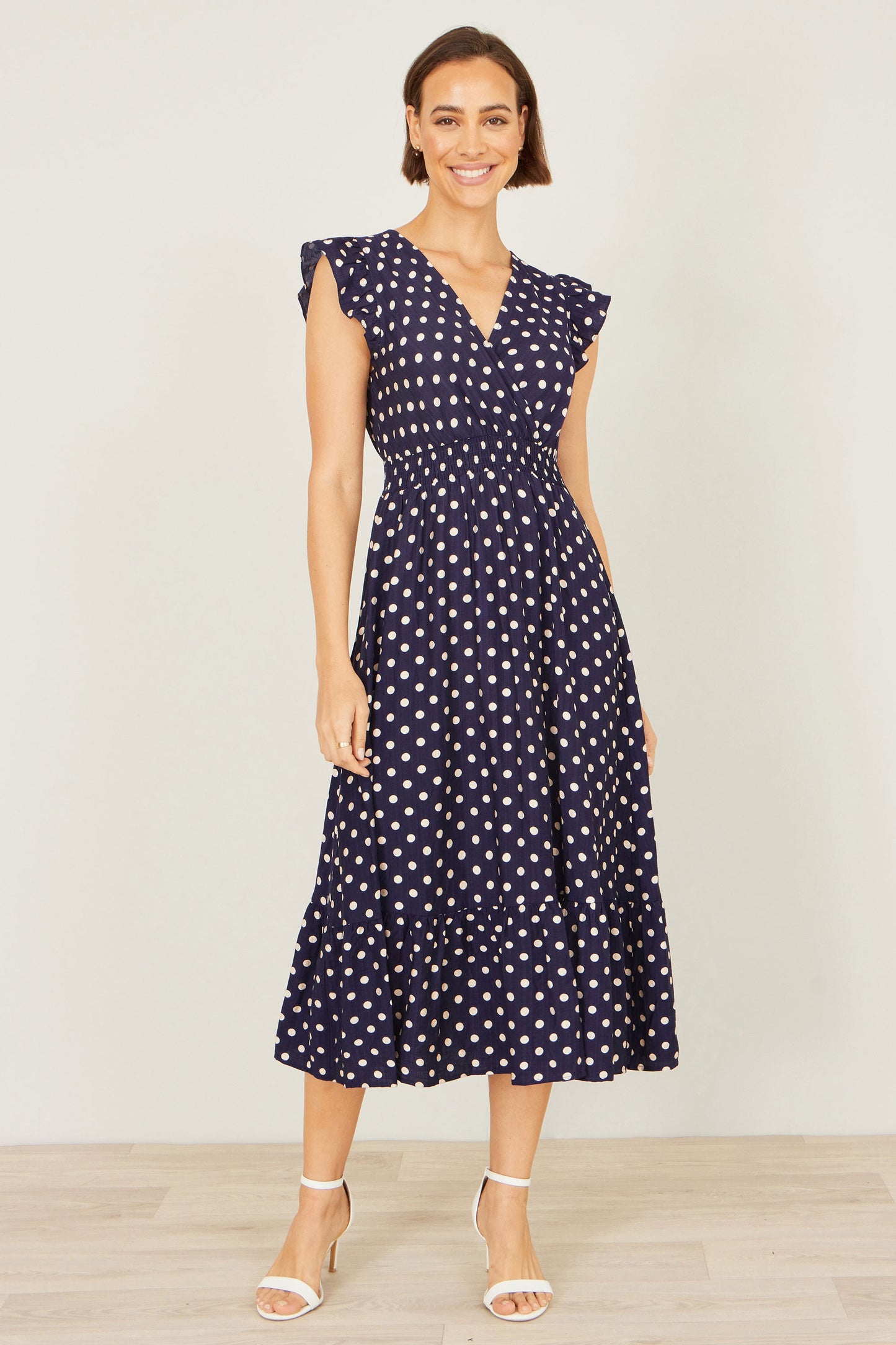 Navy Spot Ruched Waist Midi Dress