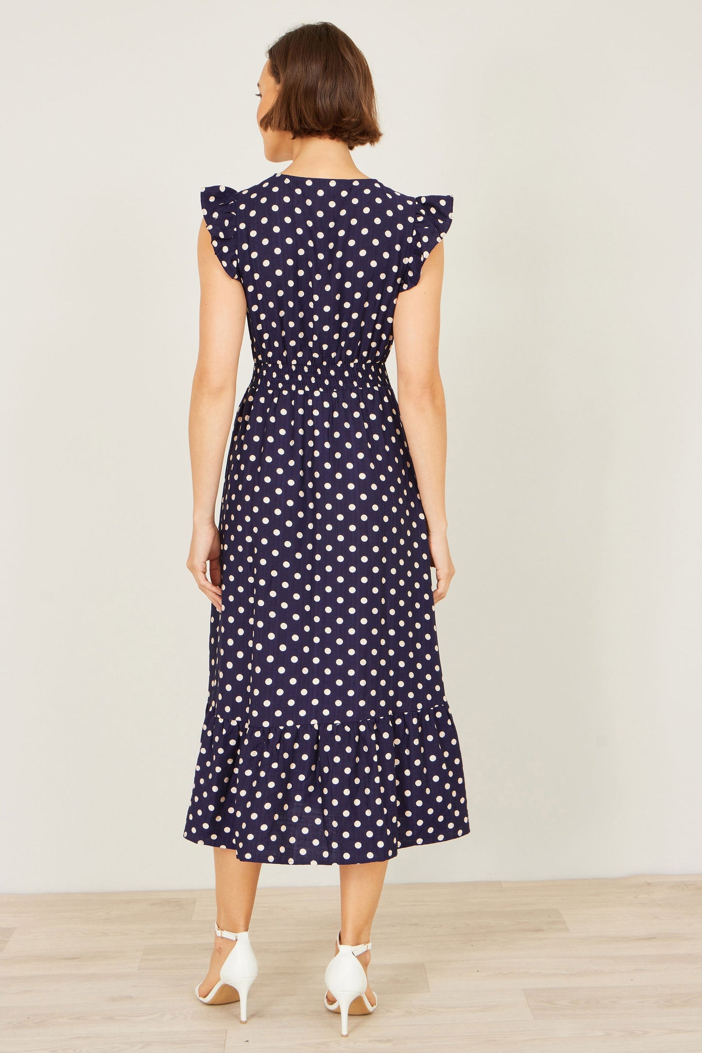 Navy Spot Ruched Waist Midi Dress