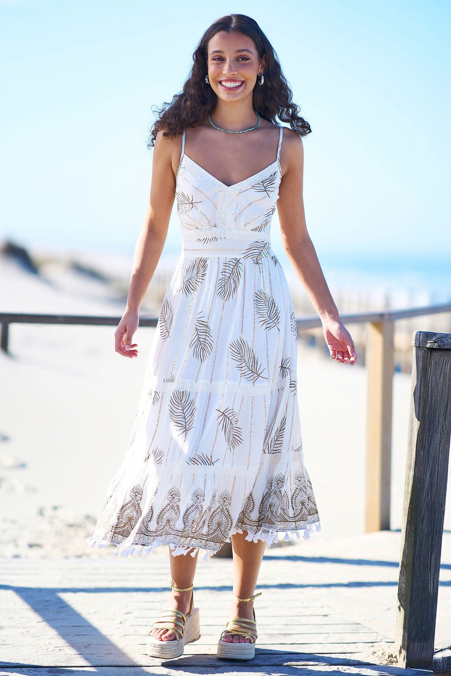 Ivory Foil Print Midi Sun Dress With Lace Trims
