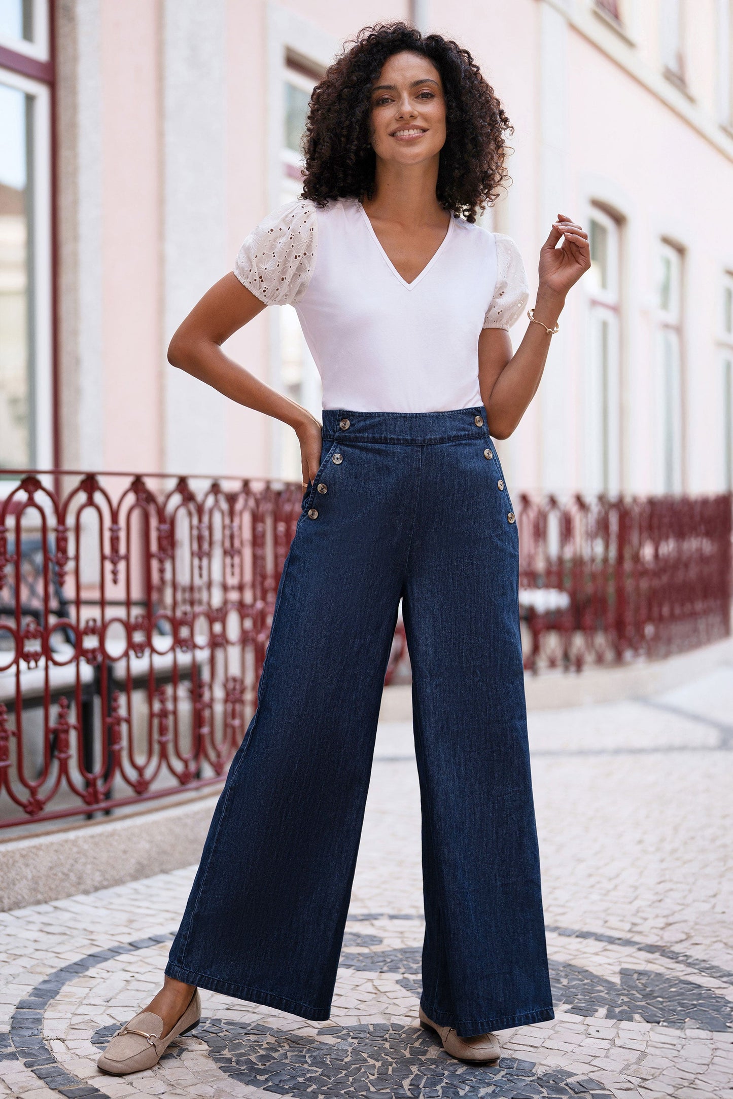 Blue Chambray Wide Leg Trousers With Button Details