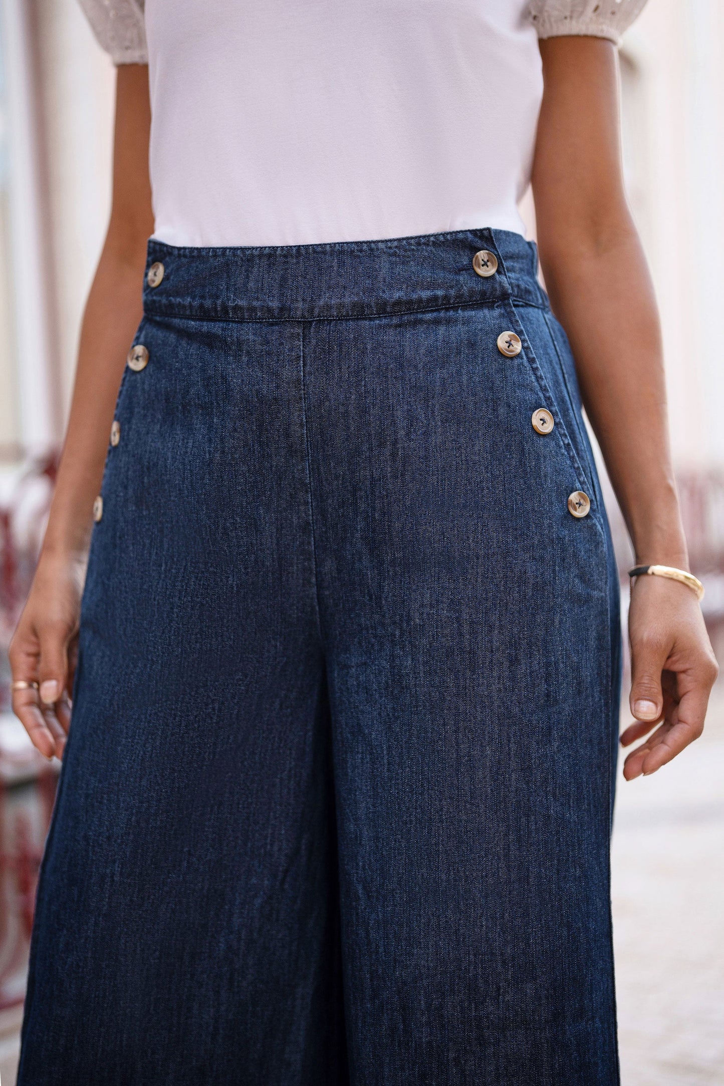 Blue Chambray Wide Leg Trousers With Button Details