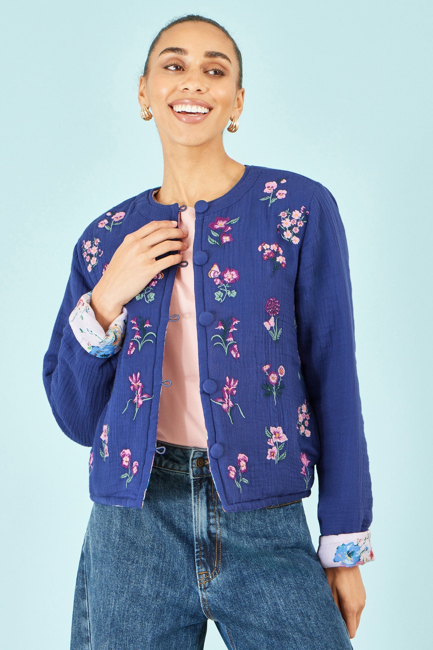 Blue Floral Embroidery Reversible Cotton Jacket